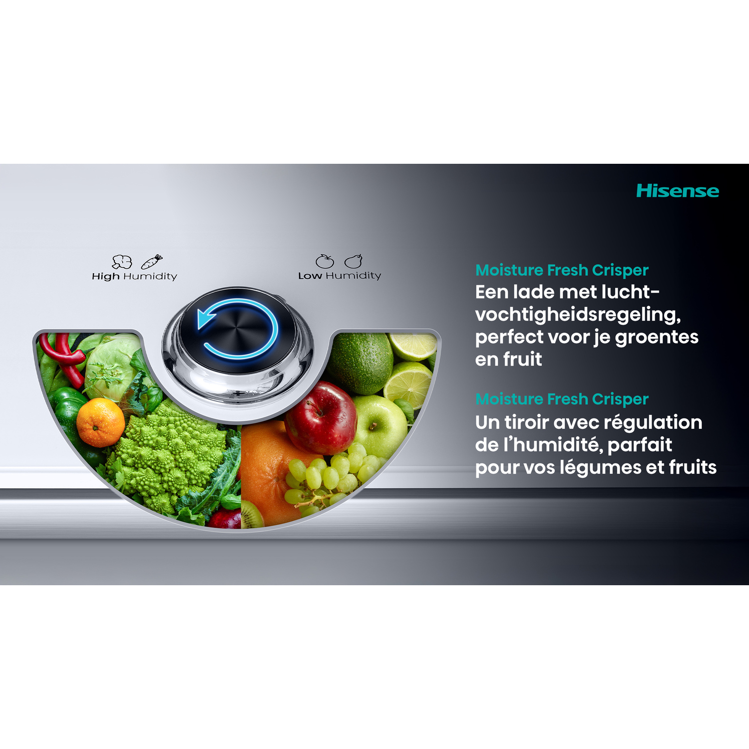 A refrigerator control panel with a dial shows fruits and vegetables. Text indicates humidity control.