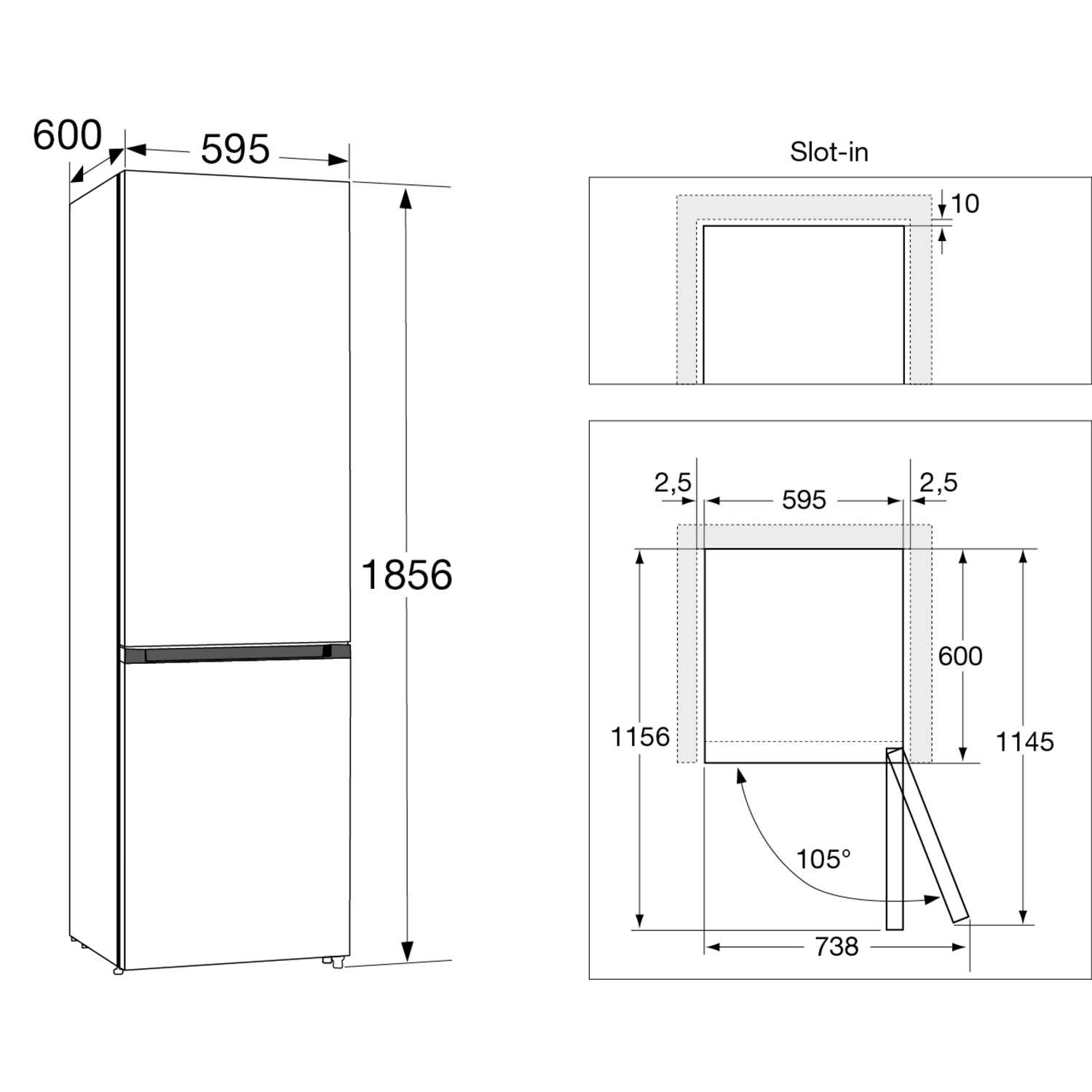 Diagram of a refrigerator with dimensions. Shows the fridge's height, width, and door opening angle, and slot-in dimensions.