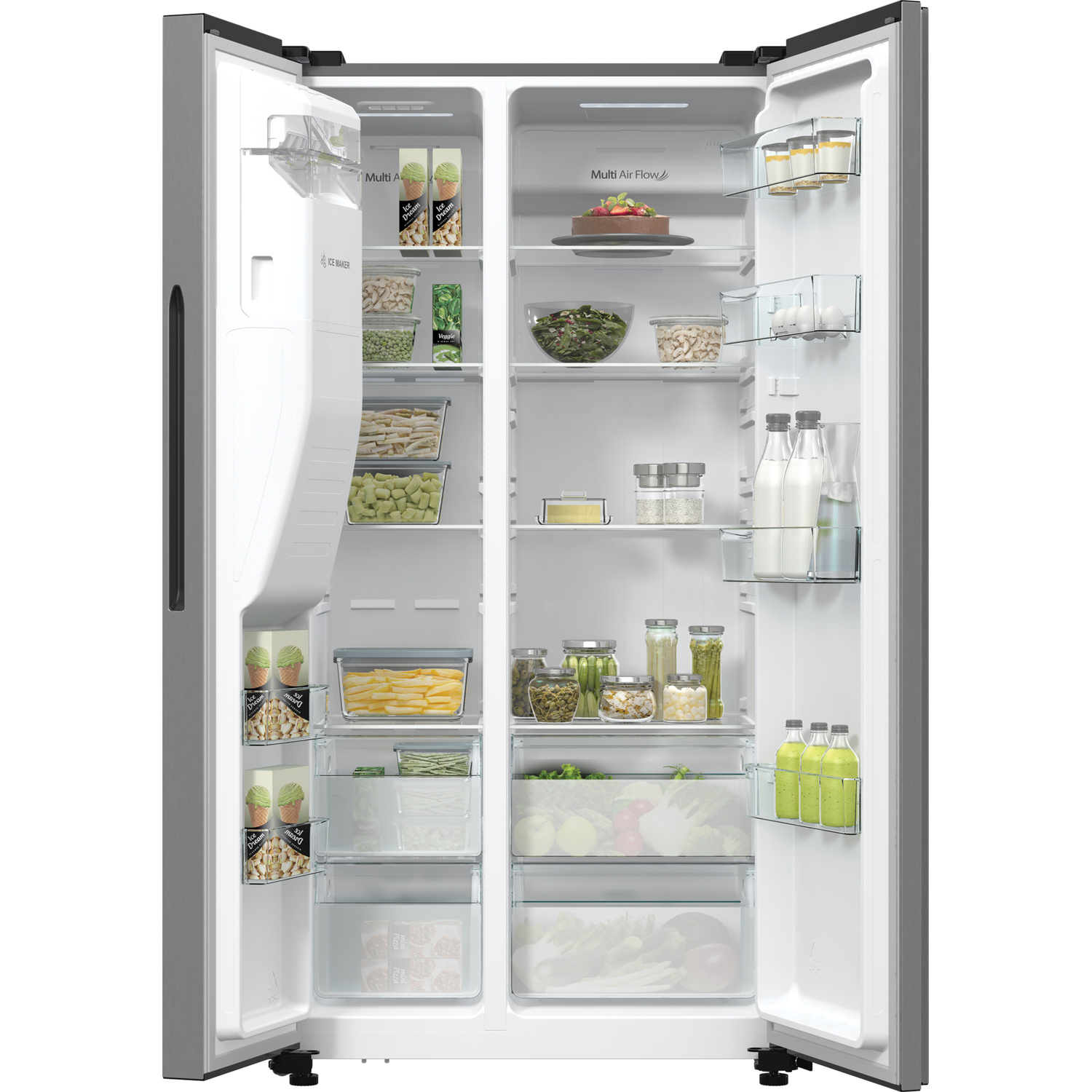 Open refrigerator with various food items: ice cream, vegetables, milk, and drinks. Shelves are packed. Stainless steel exterior.