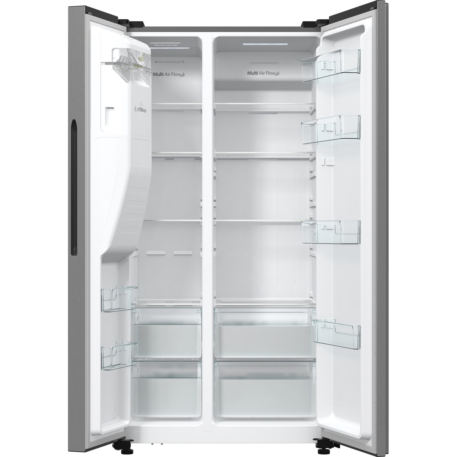 An open, empty silver refrigerator with glass shelves and drawers. Interior lights and 'Multi Air Flow' text are visible.