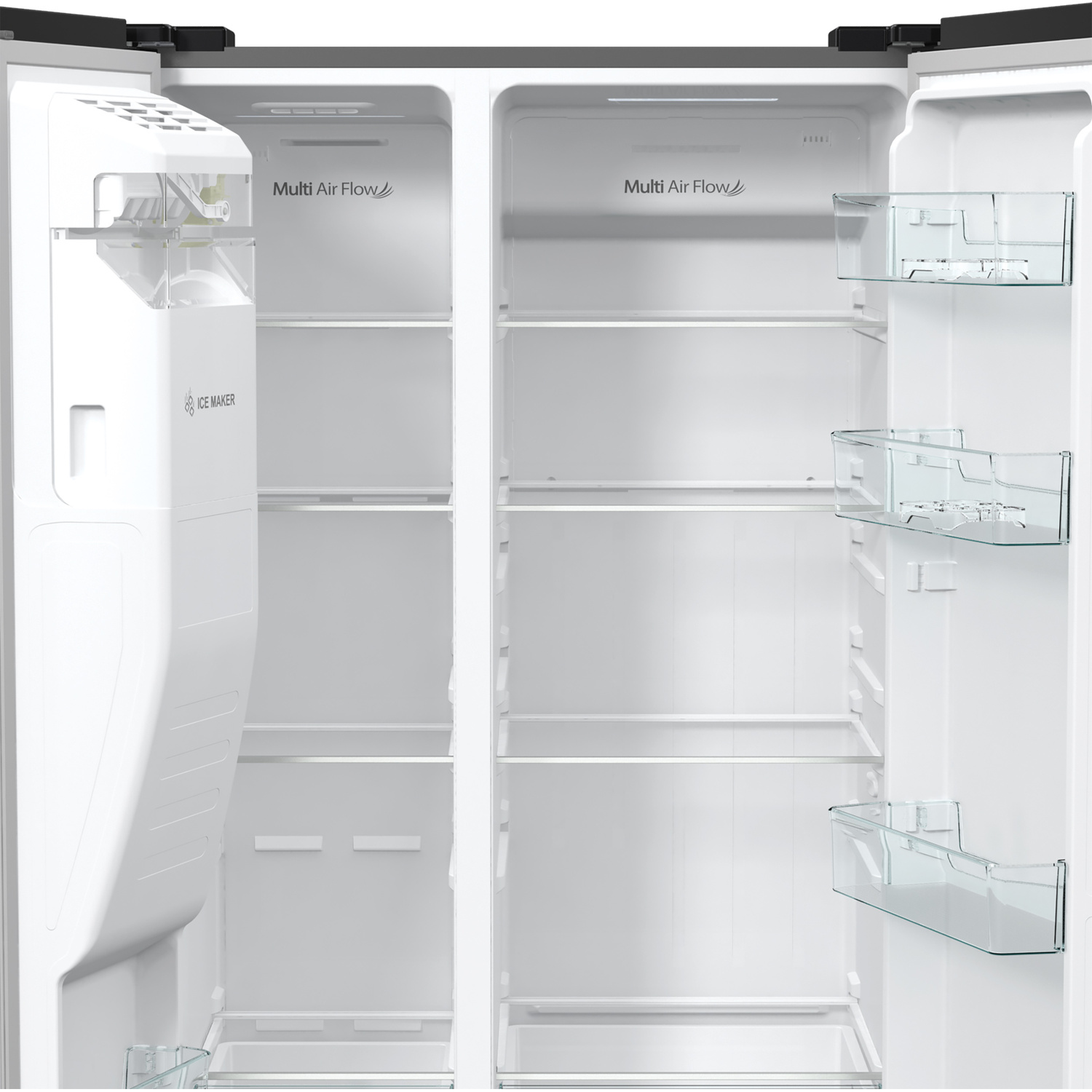 Open white refrigerator interior. Left side has ice maker, right side shelves. Clear glass shelves and door bins.