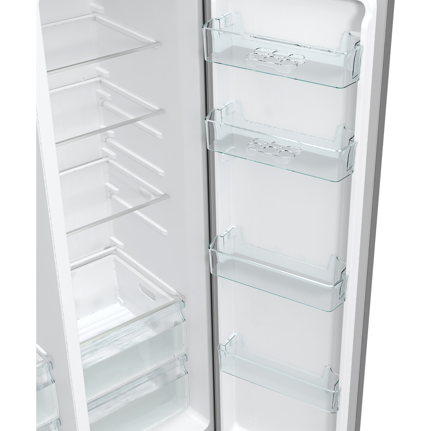 An open, empty refrigerator. Inside, there are glass shelves and door compartments. The fridge is white with gray trim.