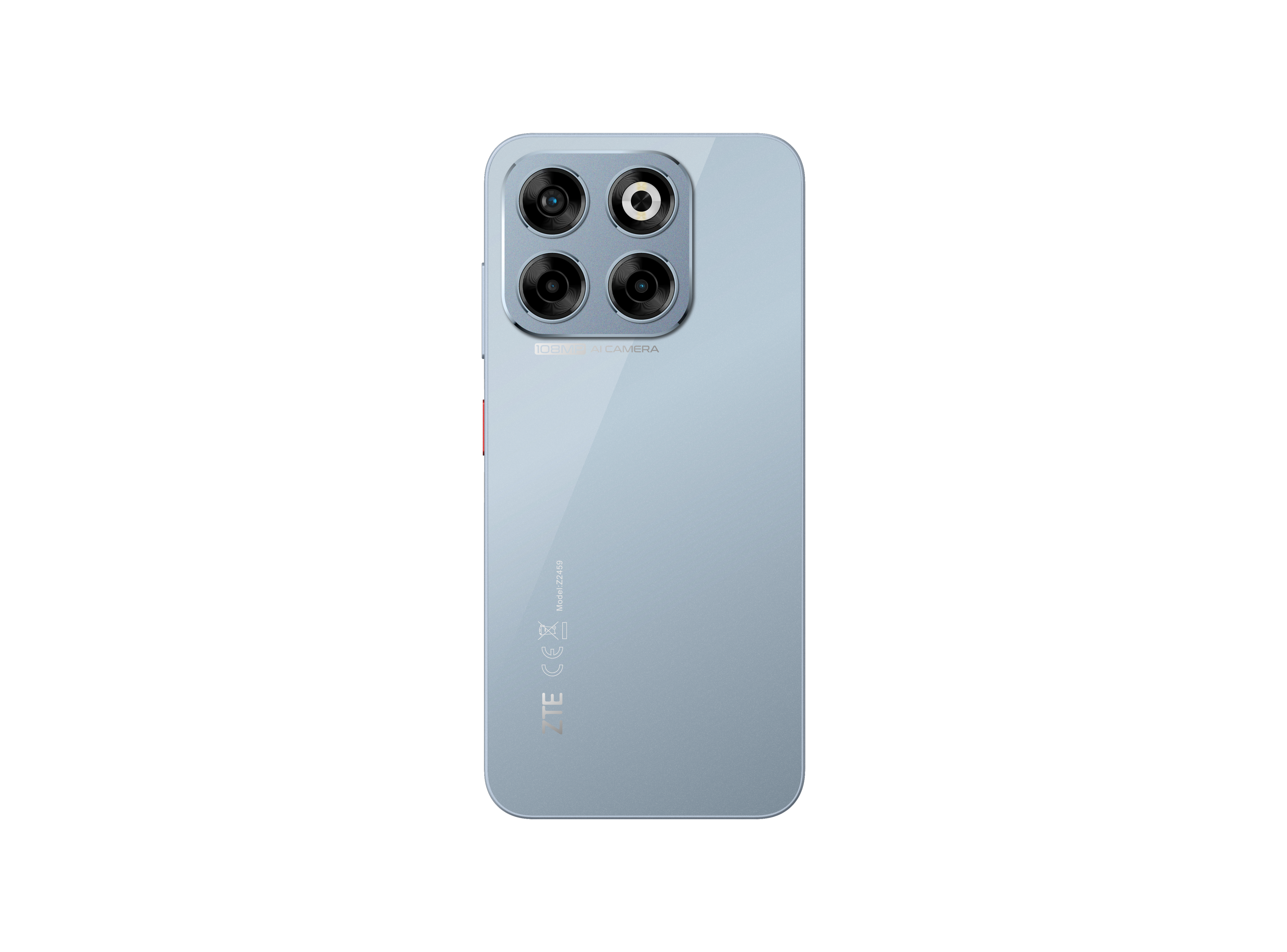Rückansicht eines hellblauen Smartphones. Es hat vier Kameras und einen Blitz. Die Marke ZTE ist sichtbar.