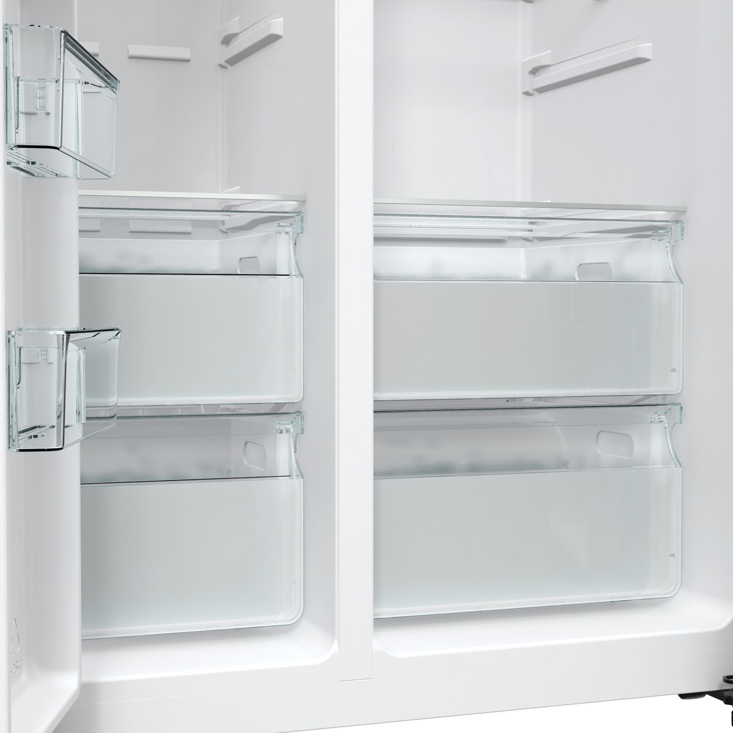 An open, white refrigerator interior. It has clear plastic drawers and shelves. The door on the left is ajar.