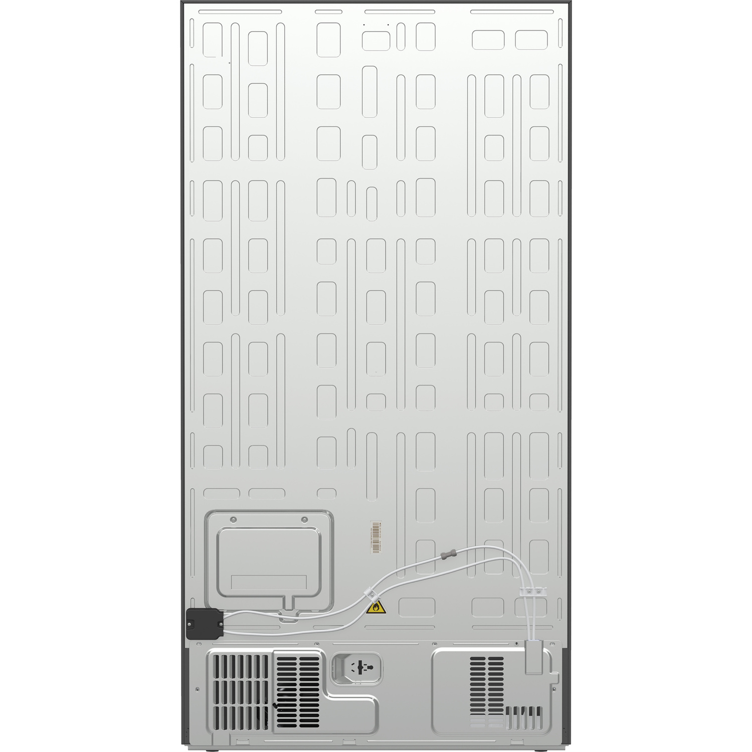 Back of a refrigerator. Gray metallic surface with cutouts, vents, and tubes. Black frame. Warning triangle. Power input.