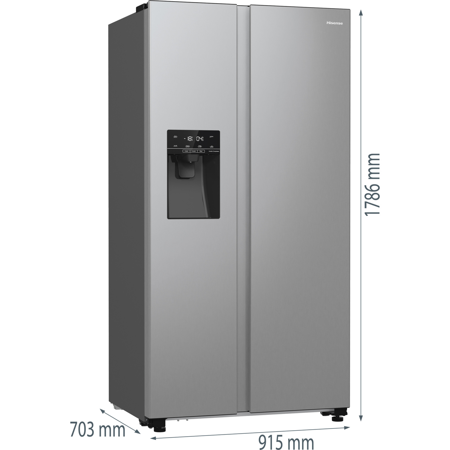 Silver Hisense side-by-side refrigerator, dimensions labeled: 1786mm high, 915mm wide, 703mm deep. Features water dispenser and display.
