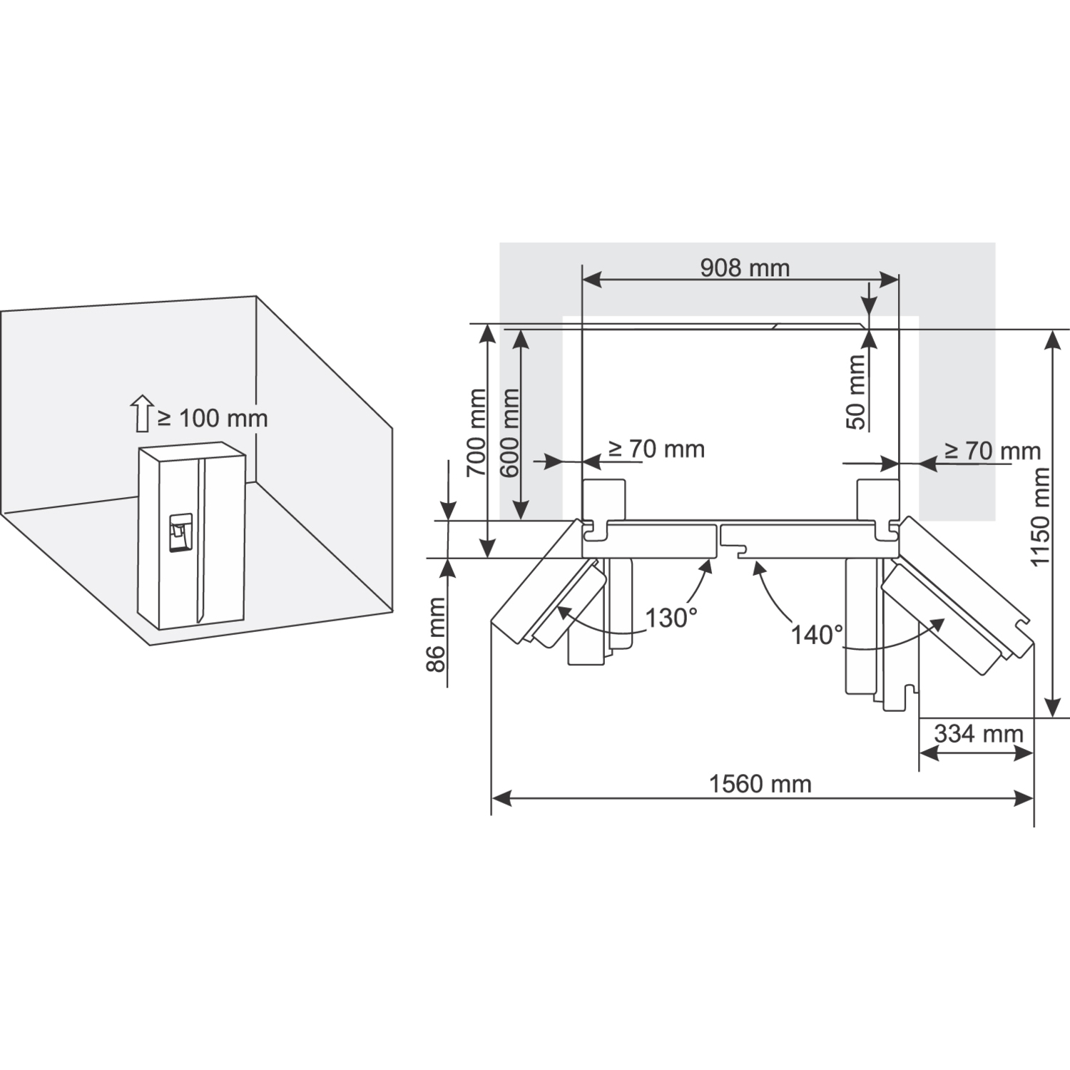 Diagram with dimensions of a structure, including measurements in mm, angles, and a representation of a refrigerator.