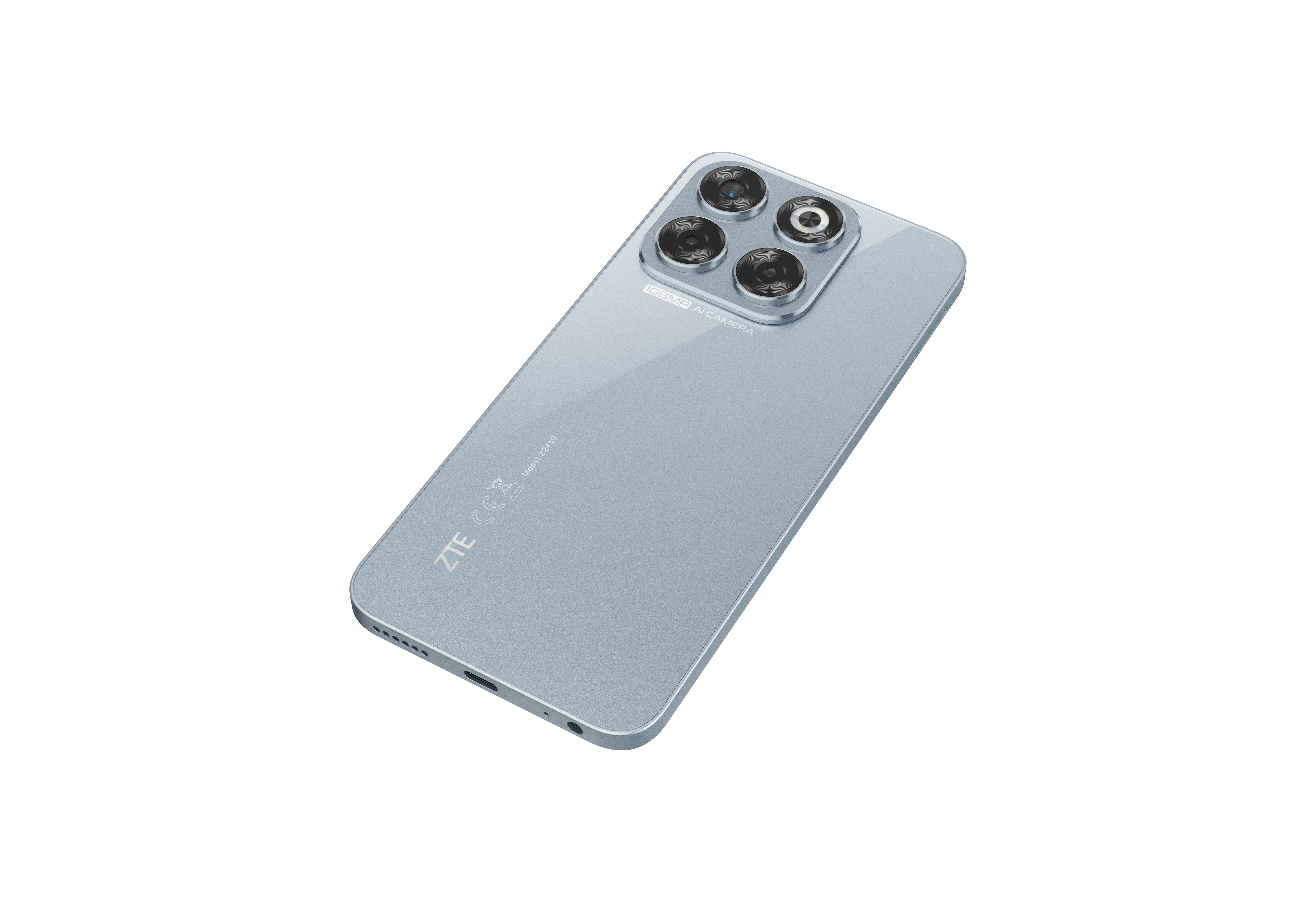 Ein hellblaues ZTE-Smartphone ist von hinten zu sehen. Es hat vier Kameras und ein schlankes Design. Der Markenname ist sichtbar.