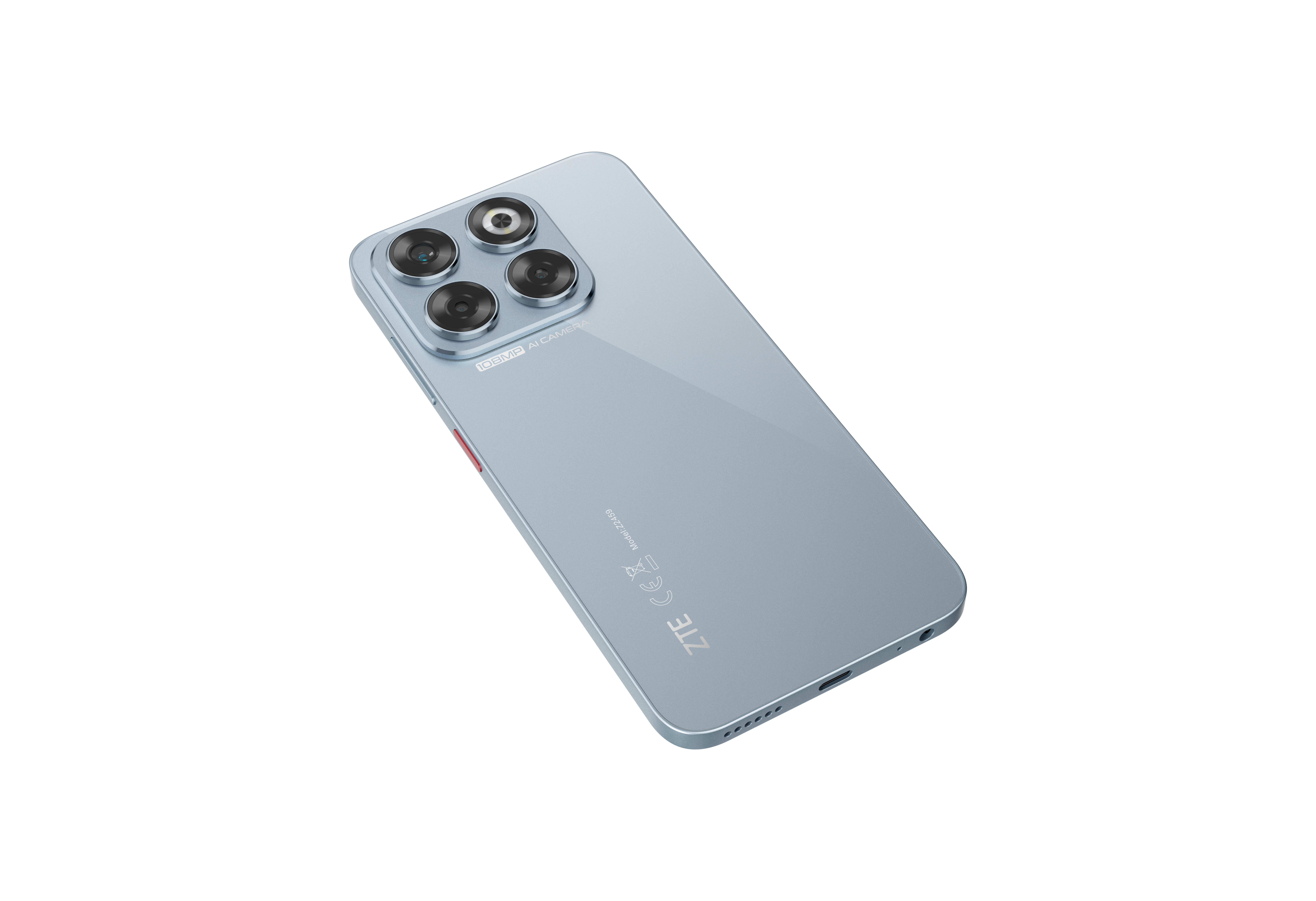 Ein hellblaues Smartphone mit vier Kameras und einer roten Taste vor weißem Hintergrund.