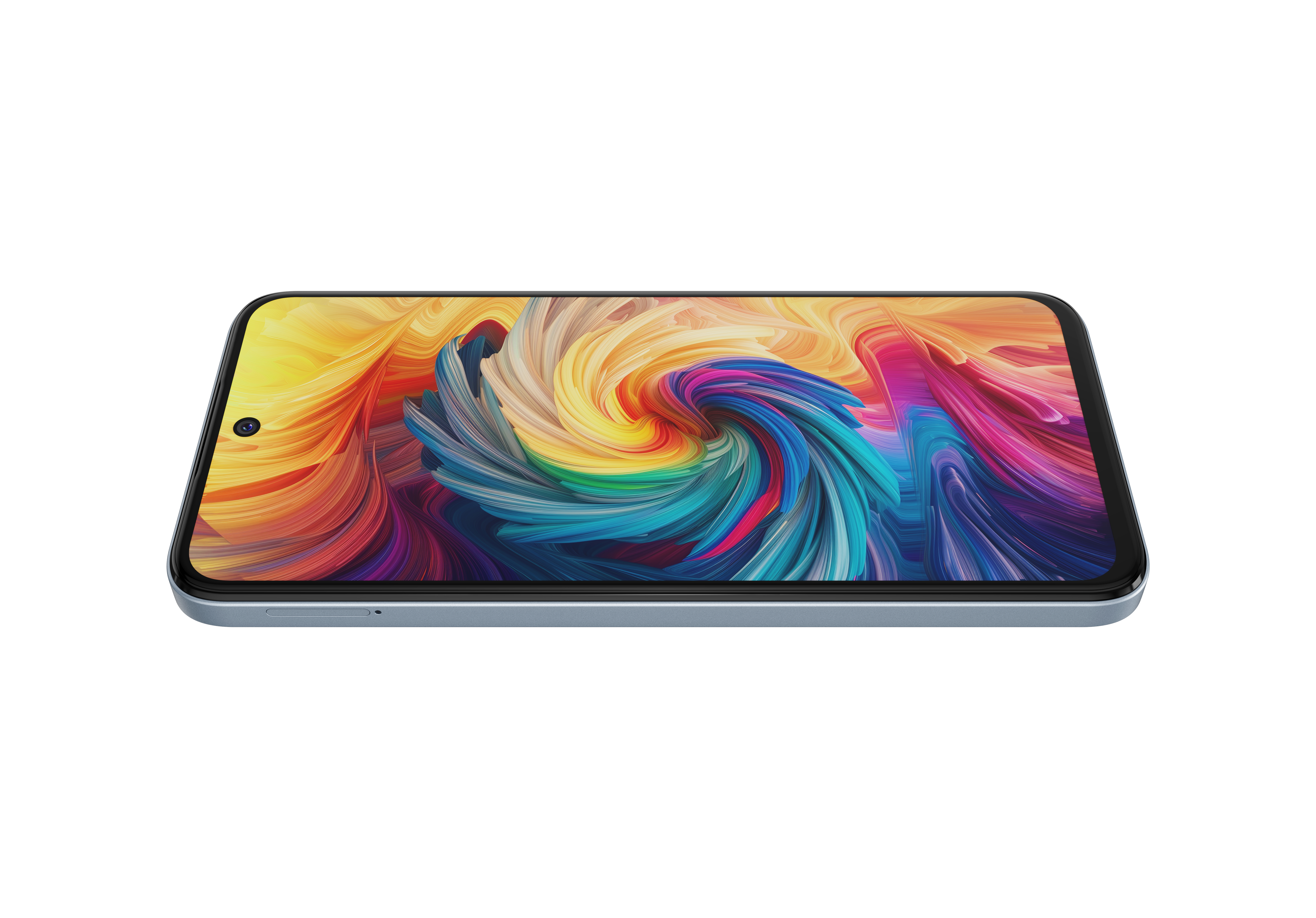 Ein Mobiltelefon mit farbenfrohem, abstraktem Display, das Gerät ist vor weißem Hintergrund abgewinkelt.
