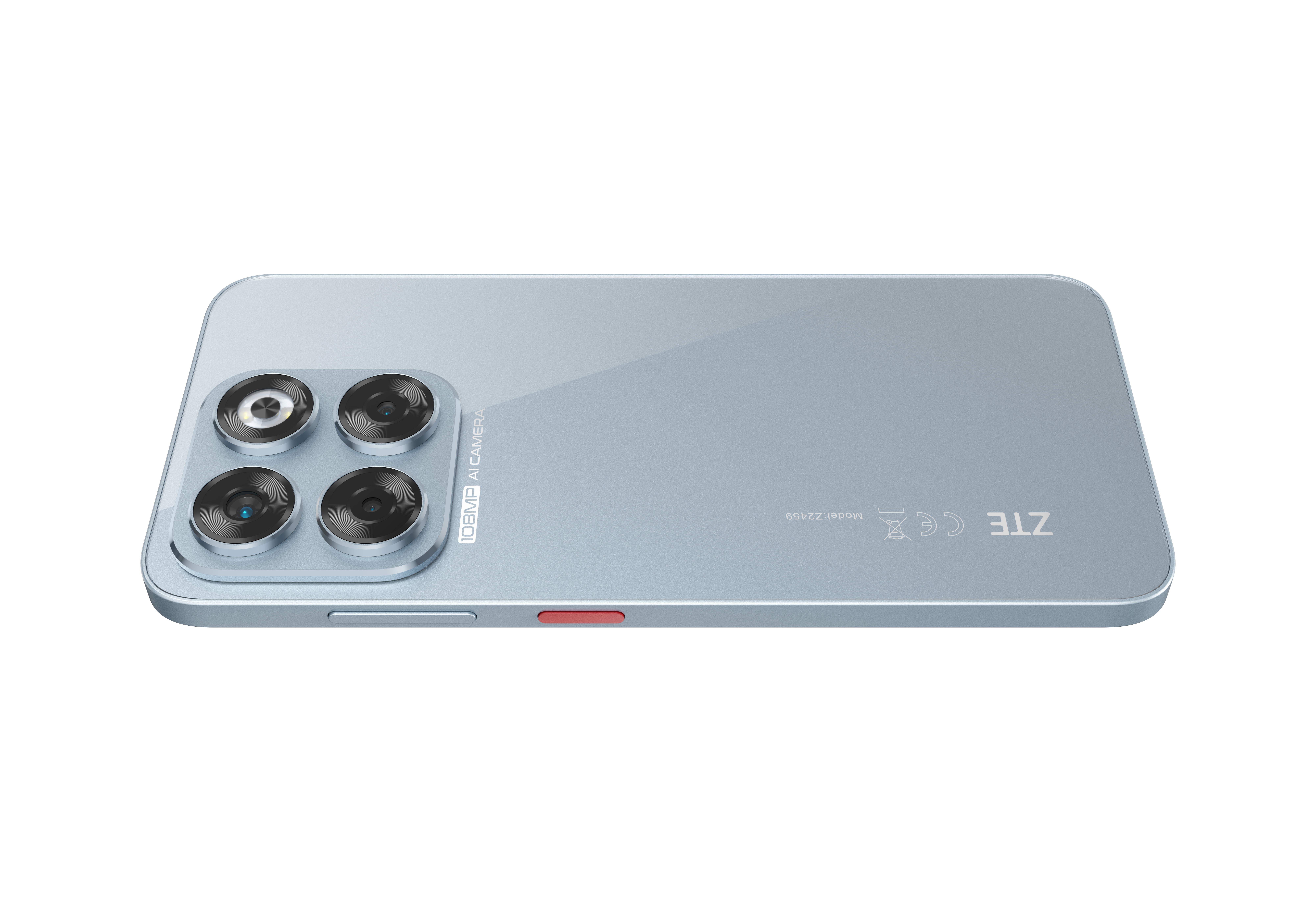 Rückseite eines hellblauen ZTE-Telefons. Es hat vier Kameralinsen, eine rote Taste und ein metallisches Finish.