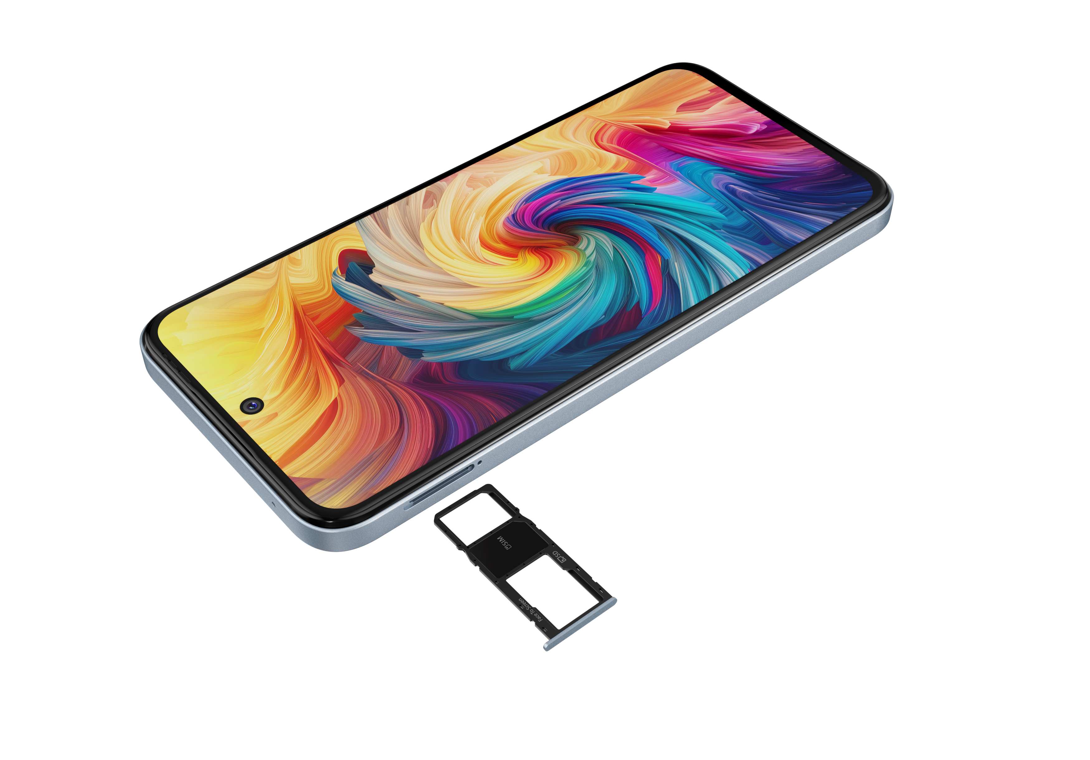 Ein blaues Smartphone mit einem lebendigen, farbenfrohen Bildschirm und einem SIM-Kartenfach daneben, alles auf weißem Hintergrund.