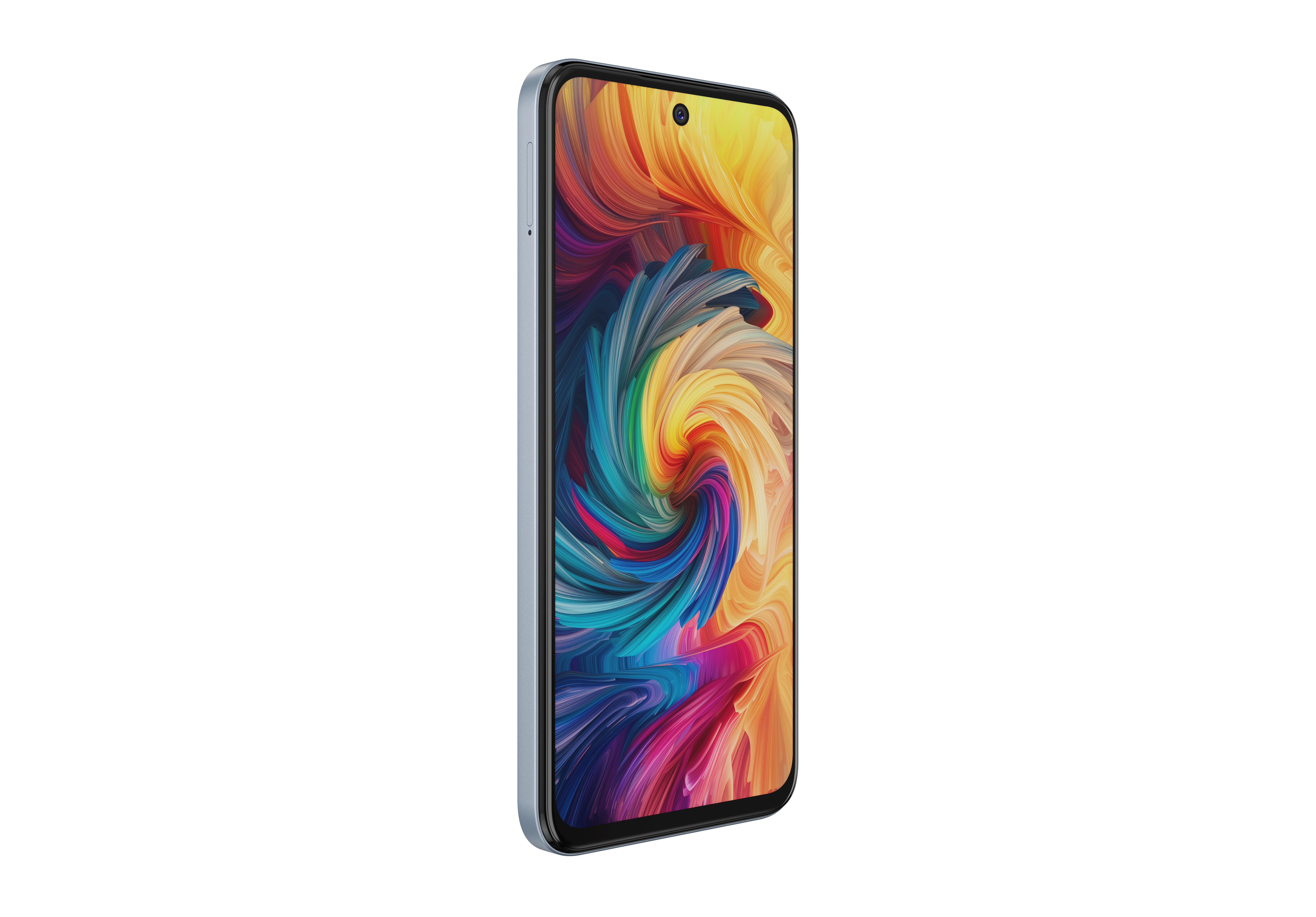 Ein Smartphone mit buntem, abstraktem Design auf dem Bildschirm, von der Seite betrachtet, isoliert auf Weiß.