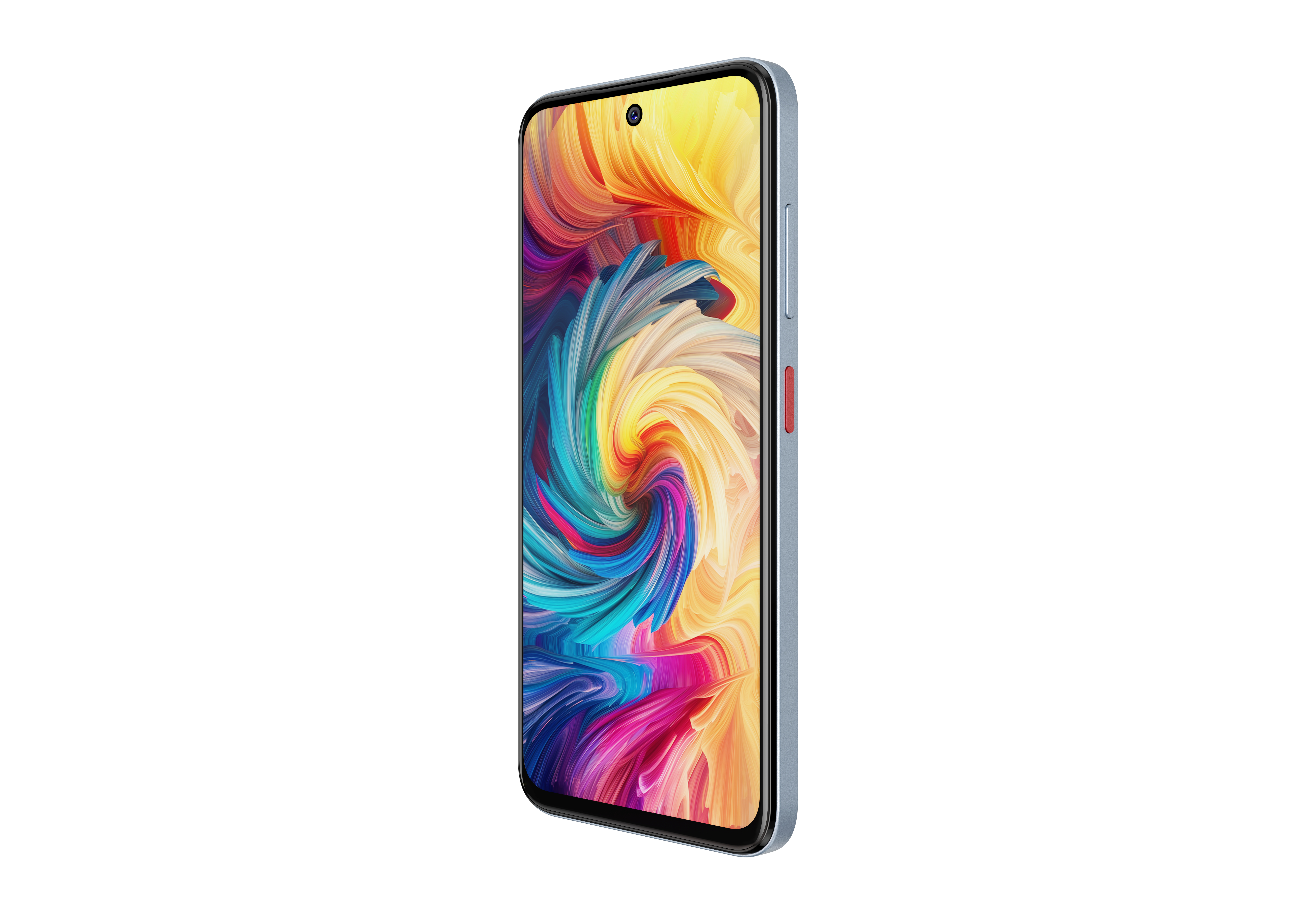Ein Smartphone mit farbenfrohem Wirbelmuster auf dem Bildschirm. Das Telefon ist hellblau mit roten Akzenten.