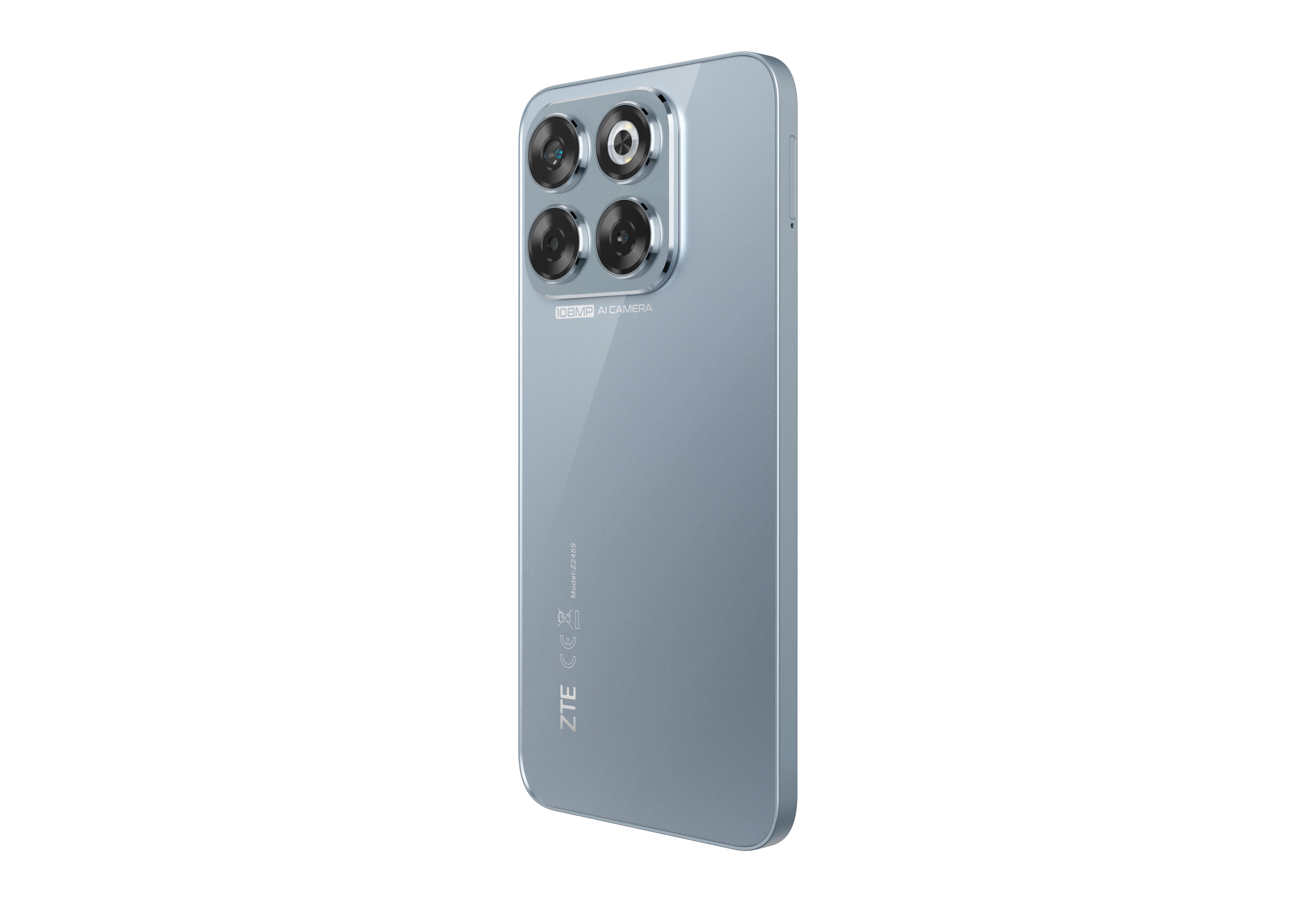 Ein hellblaues ZTE-Smartphone mit vier Kameralinsen und einem silbernen Rahmen.