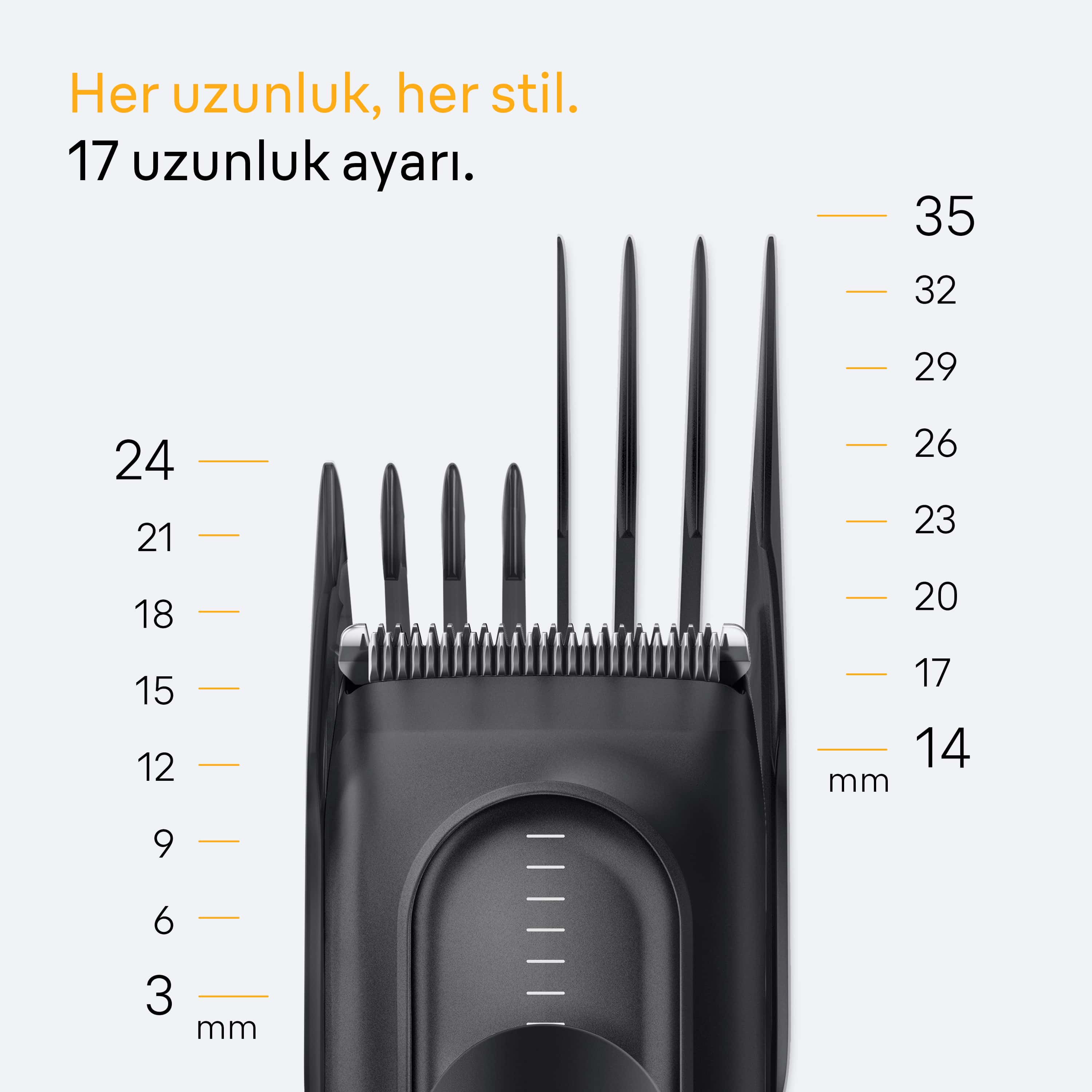 3 mm'den 35 mm'ye kadar uzunluk ayarlı siyah bir saç kesme makinesi. Türkçe metin: Her uzunluk, her stil.