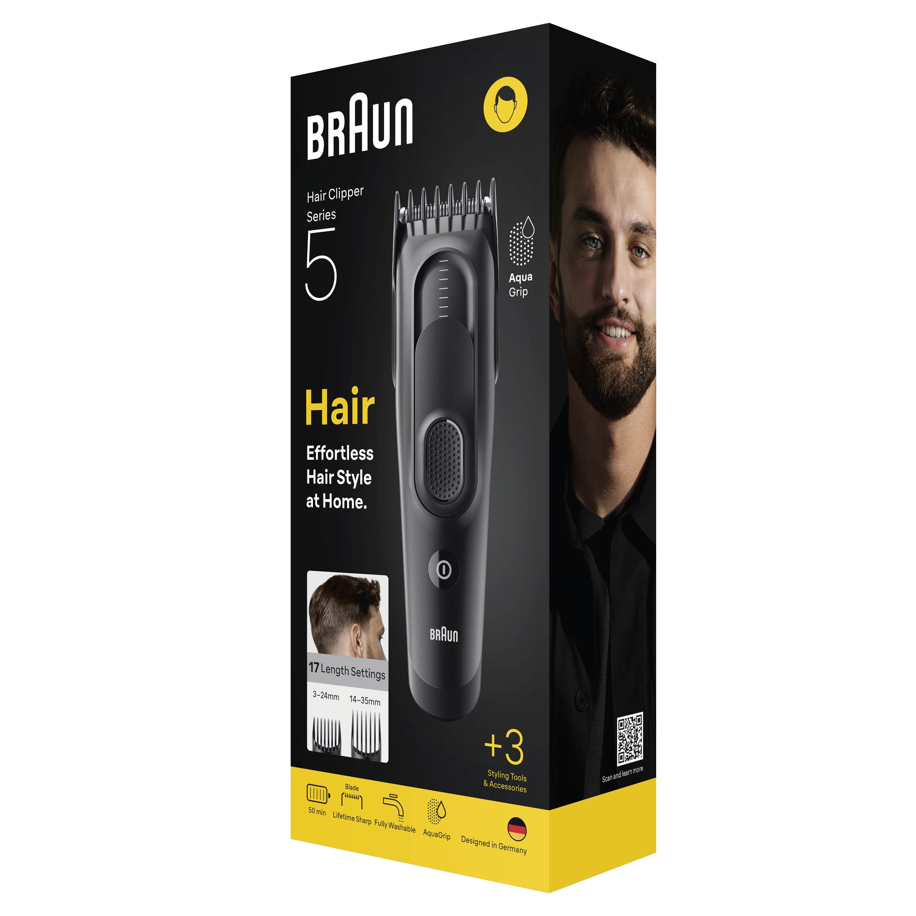 Braun saç kesme makinesi kutusu. Siyah ve sarı. Sakallı bir adam gösteriyor. Metin 'Hair', 'Series 5' ve ayarları içerir.