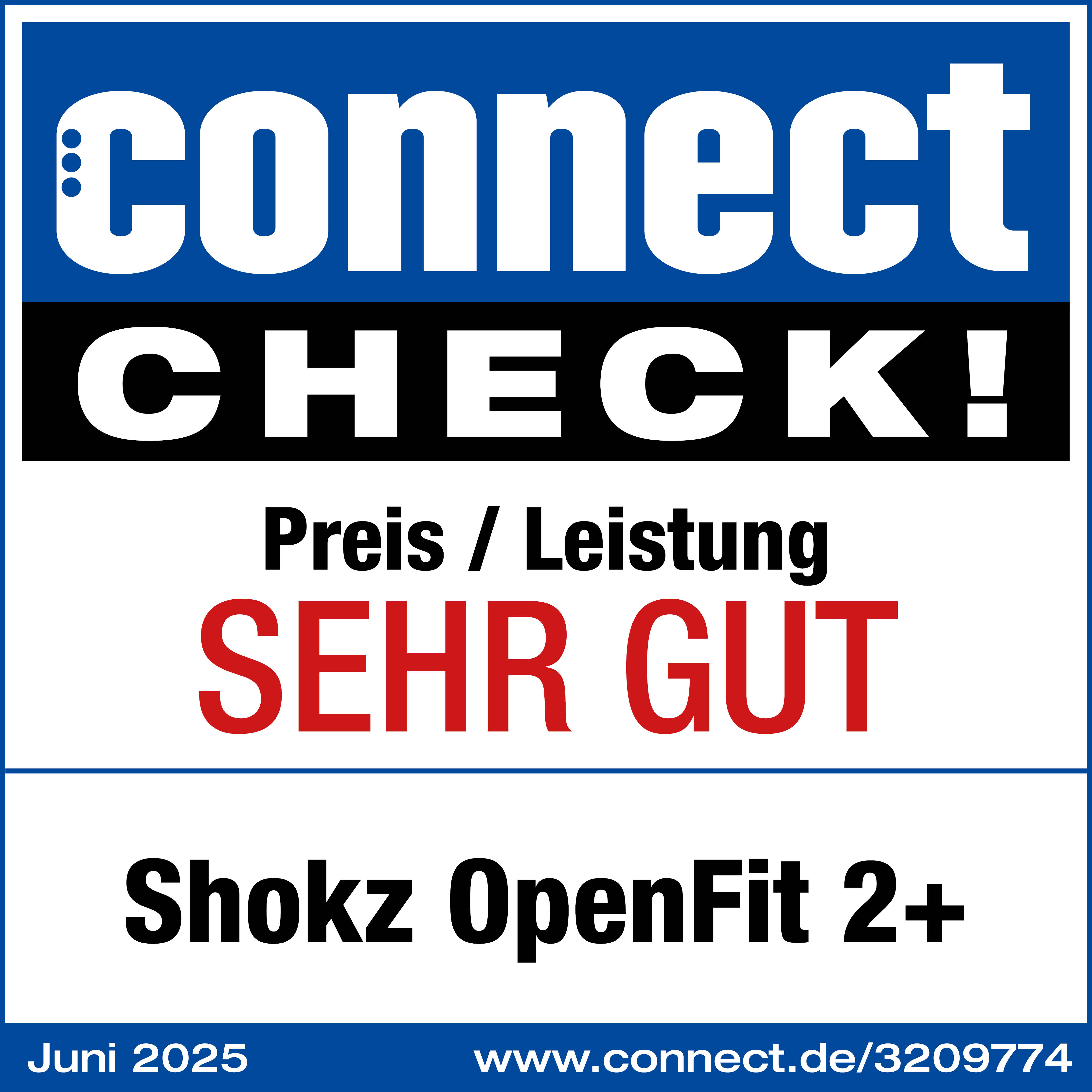 Blau-weiße Grafik mit "connect CHECK!" und "SEHR GUT" in Rot. Darunter "Shokz OpenFit 2+". Juni 2025.
