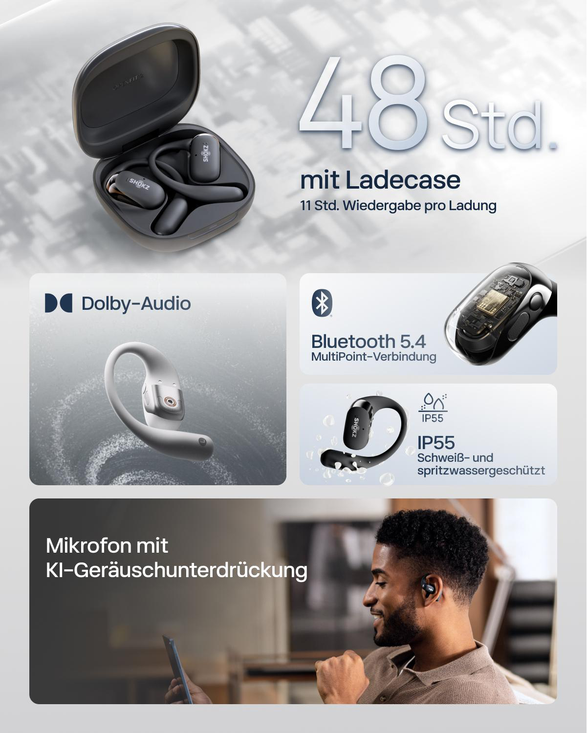 Werbung für Shokz-Kopfhörer. Zu den Merkmalen gehören Dolby Audio, Bluetooth 5.4, IP55-Bewertung und ein Mikrofon mit Geräuschunterdrückung.