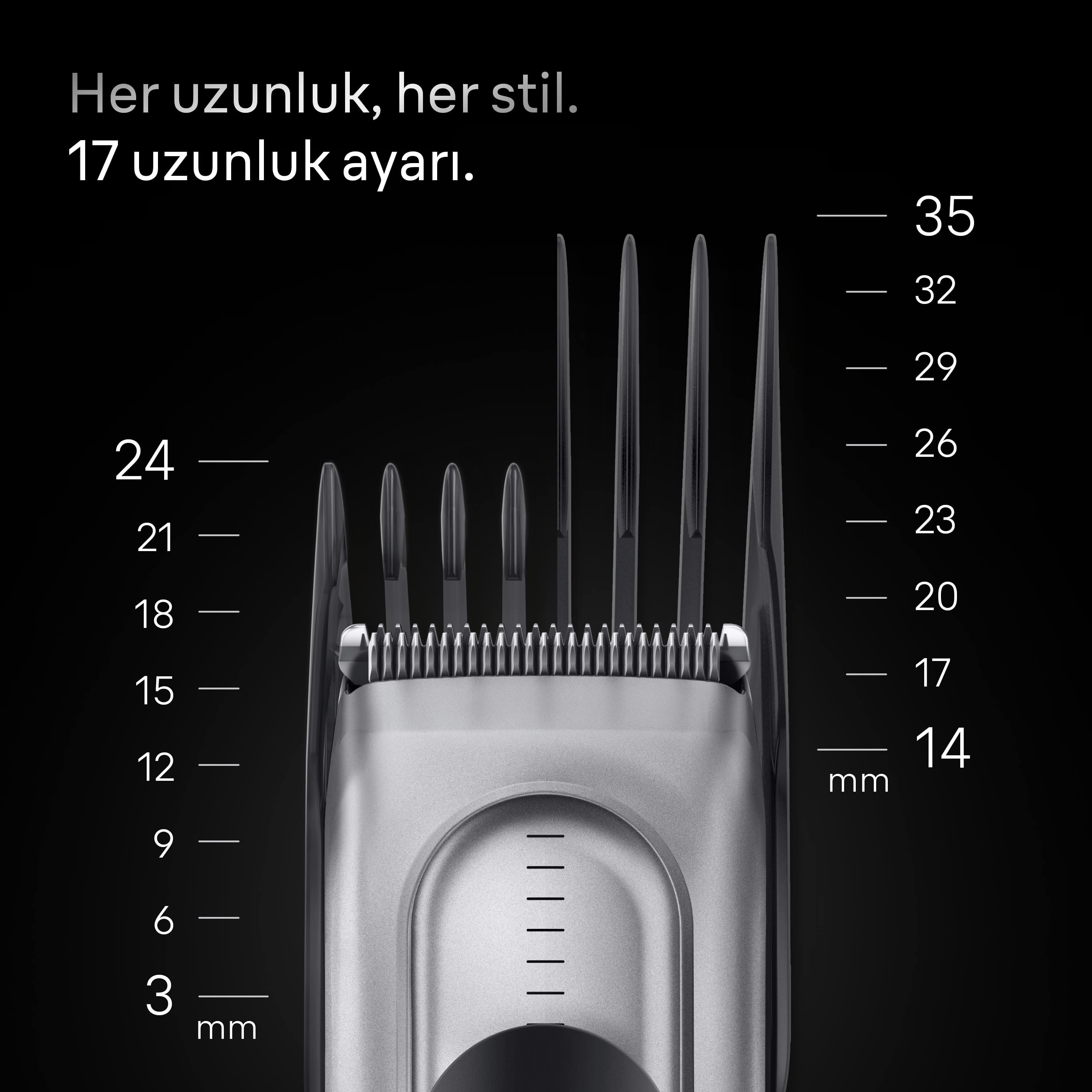 3 ila 35 mm arasında uzunluk ayarları olan bir saç kesme makinesinin yakın çekimi. Arka plan siyah.