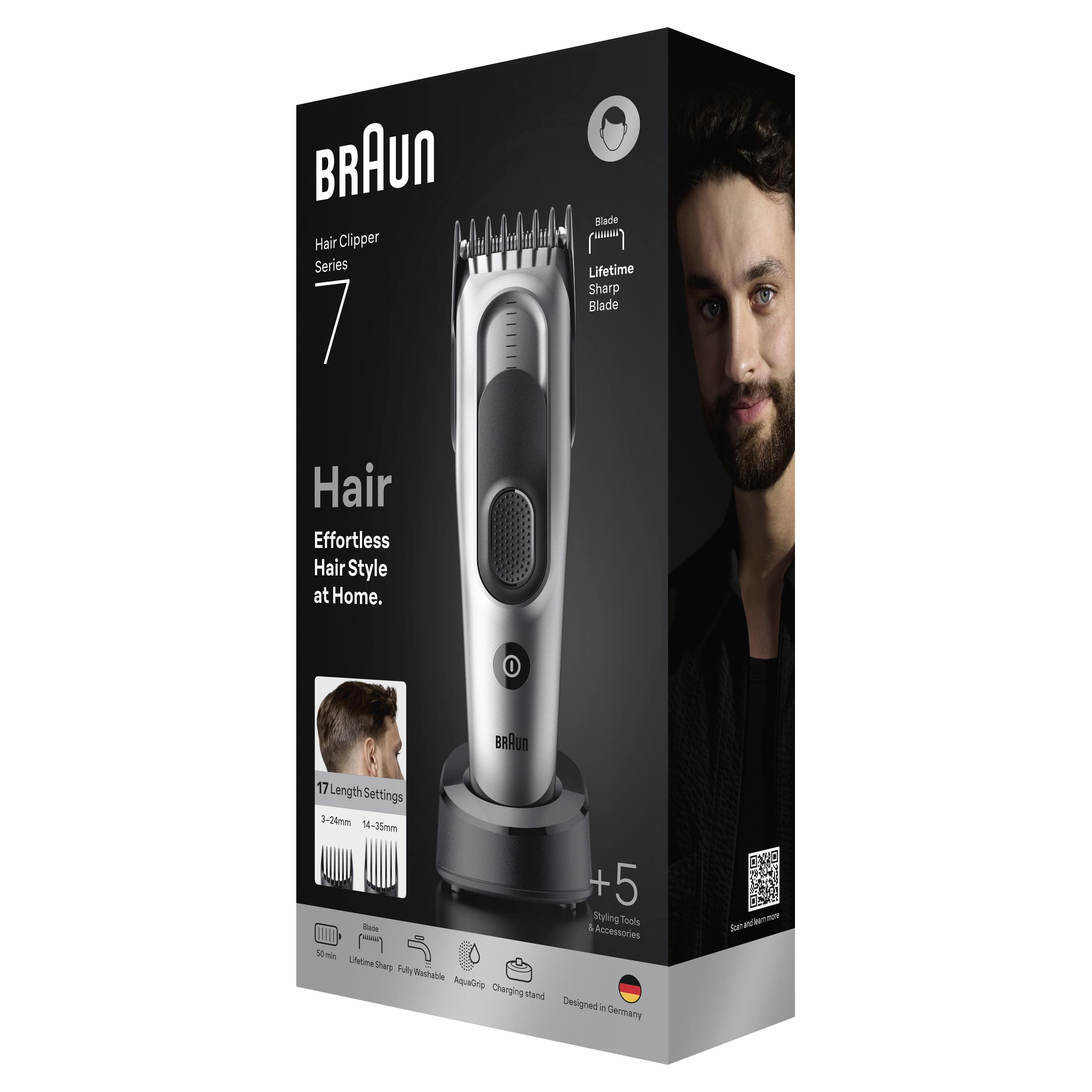 Braun saç kesme makinesi kutusu. Saç kesme makinesi, bir adamın yüzü ve özelliklerin açıklamalarını içerir.
