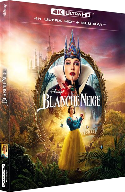 Blanche Neige Blu-ray-cover. Toont de boze koningin, Sneeuwwitje en een bosscène met het kasteel op de achtergrond. 4K Ultra HD.