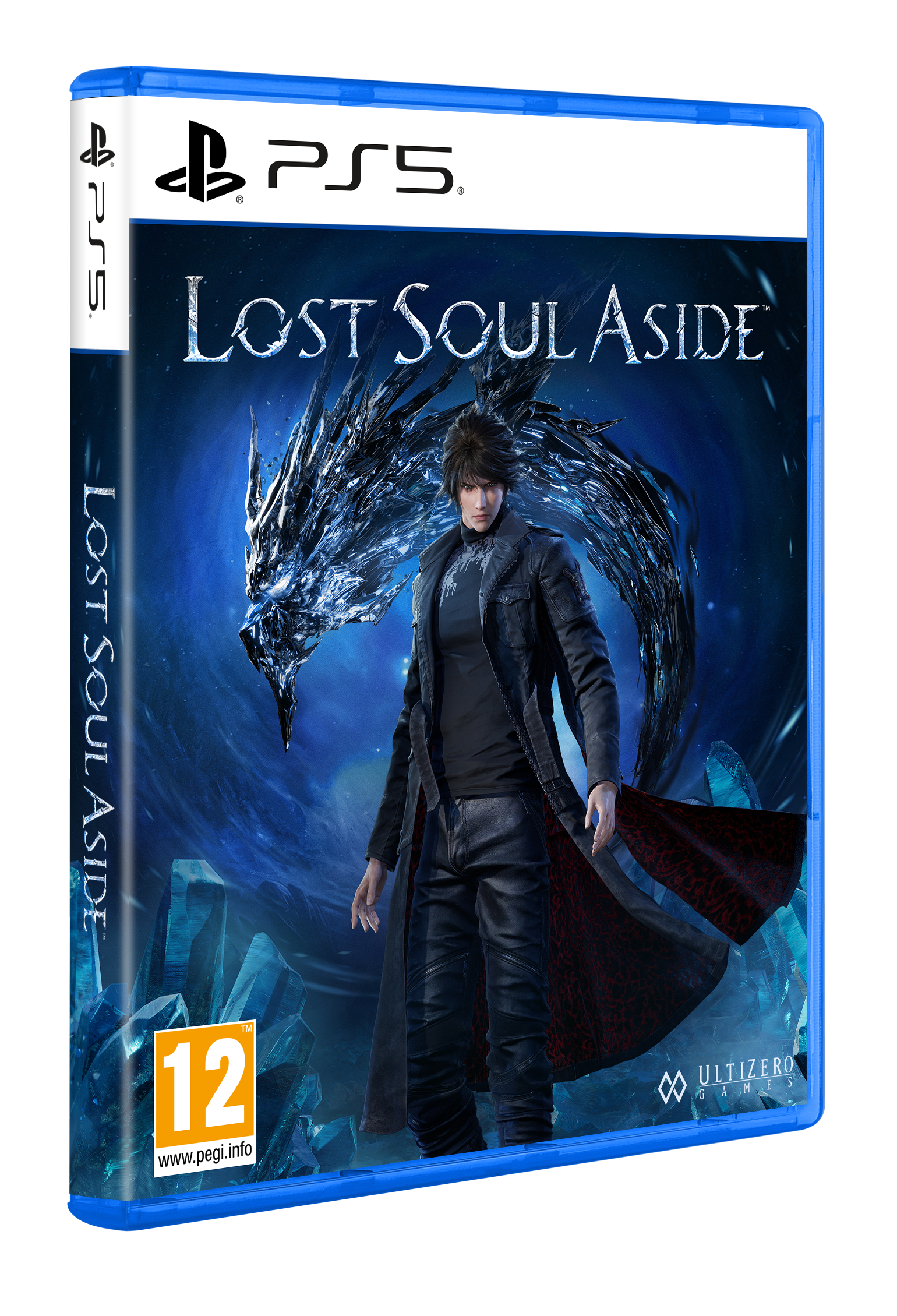 Spielcover von Lost Soul Aside. Ein Mann in einem schwarzen Mantel steht vor einem drachenartigen Wesen. PS5-Logo oben.