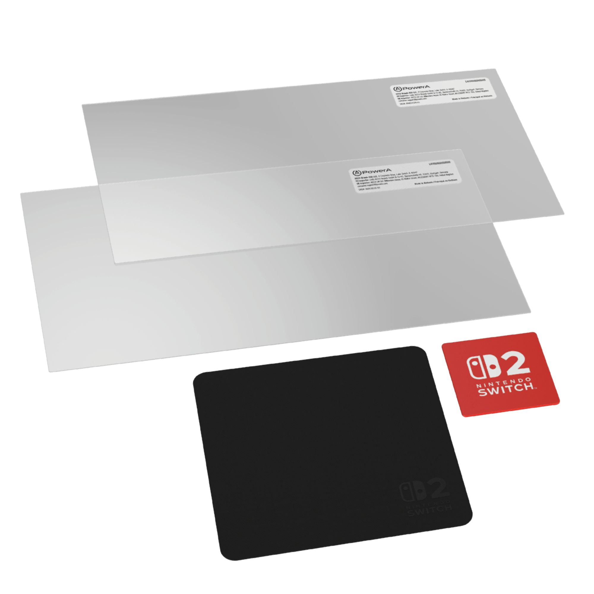 İki ekran koruyucu ve siyah bir mousepad beyaz bir yüzeyde. Nintendo Switch logosu mousepad ve kart üzerinde.