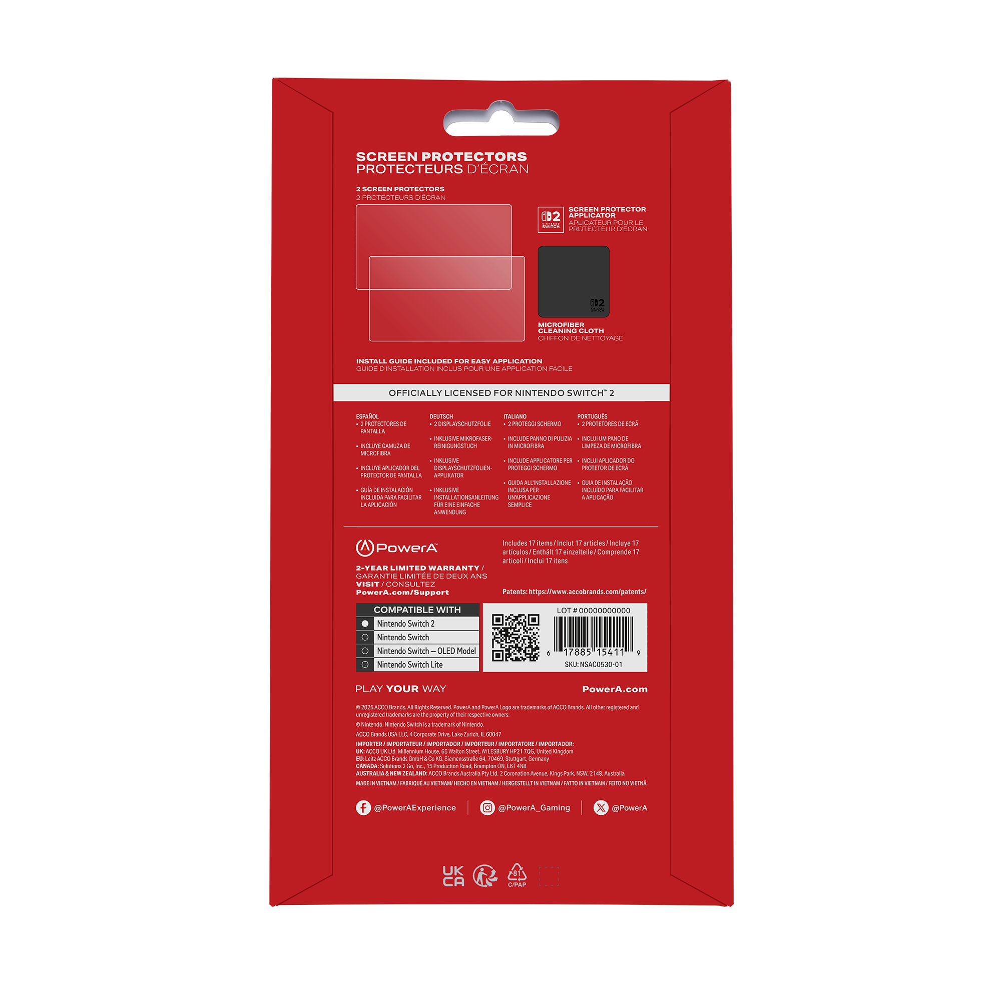 Nintendo Switch ekran koruyucu için kırmızı ve beyaz paket. Ürünü, özellikleri ve markayı gösterir.