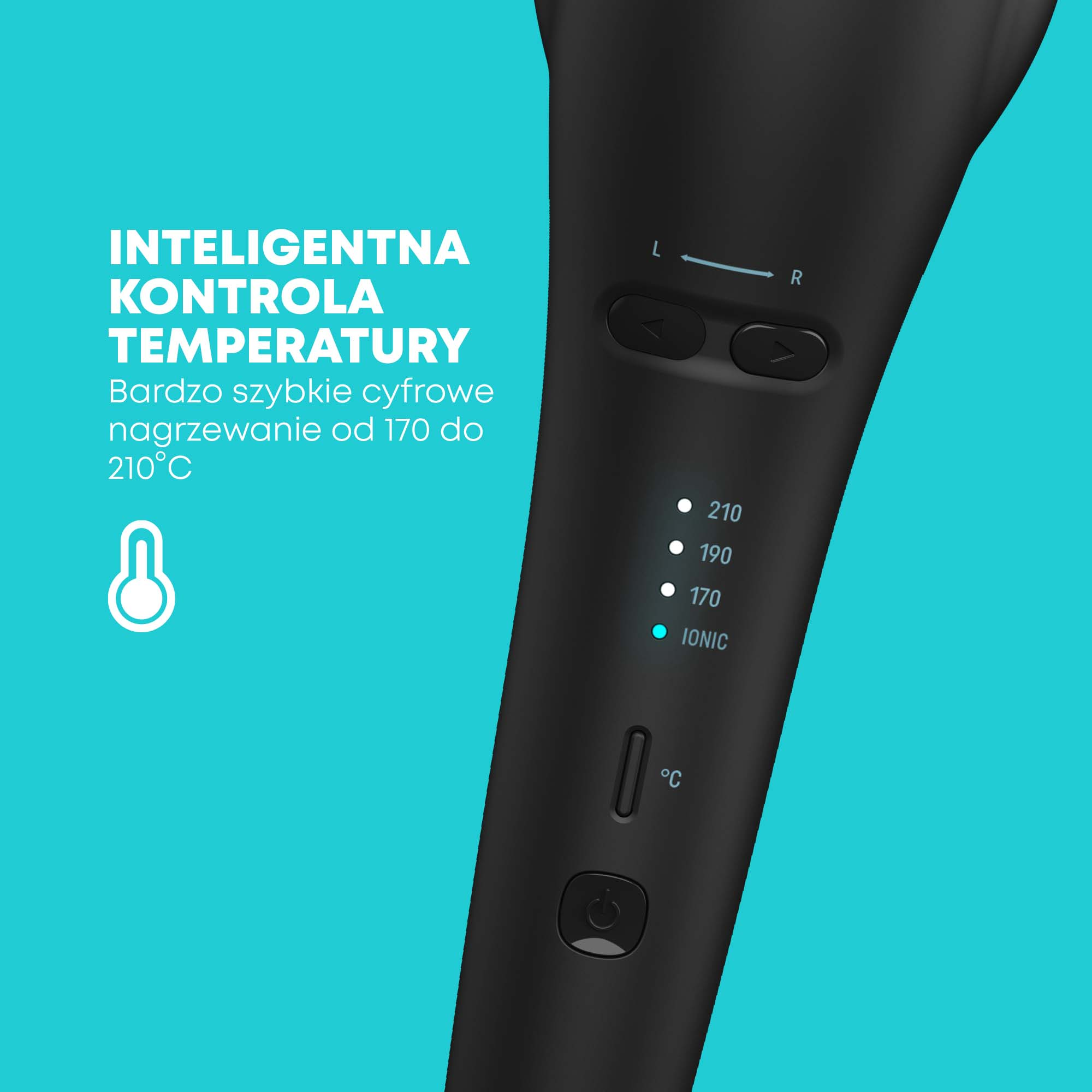 Czarne narzędzie do stylizacji włosów z ustawieniami temperatury i przyciskiem zasilania na turkusowym tle. Temperatura od 170 do 210°C.