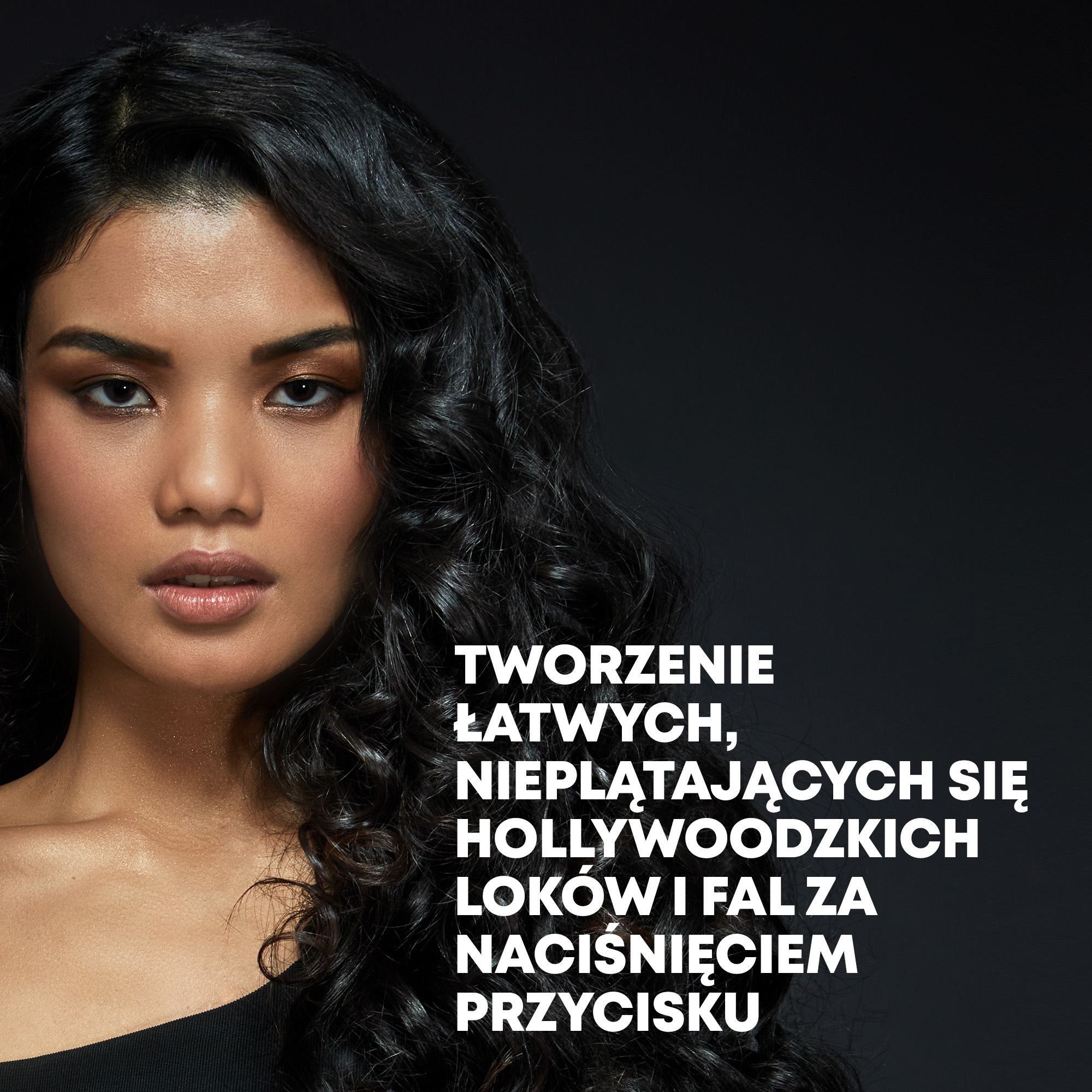 Kobieta z ciemnymi kręconymi włosami i makijażem patrzy na widza. Tekst w języku polskim: łatwe hollywoodzkie loki.