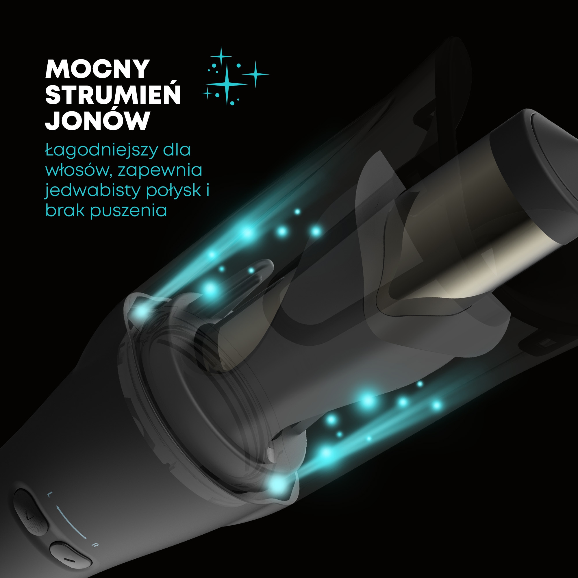 Zbliżenie czarnej lokówki z świecącymi niebieskimi efektami. Tekst brzmi 'Silny strumień jonów' i promuje jedwabisty połysk.