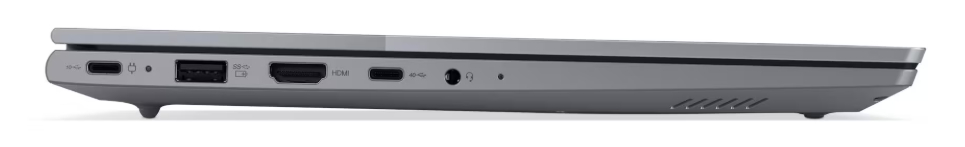 Seitenansicht eines grauen Laptops mit Anschlüssen wie USB-C, USB, HDMI und Kopfhöreranschluss sowie Belüftung. Auf weißem Untergrund.