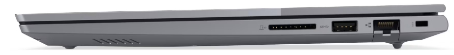 Seitenansicht eines grauen Laptops mit Anschlüssen und Lüftungsschlitzen. Enthält USB, Ethernet und Lüftungsschlitze.