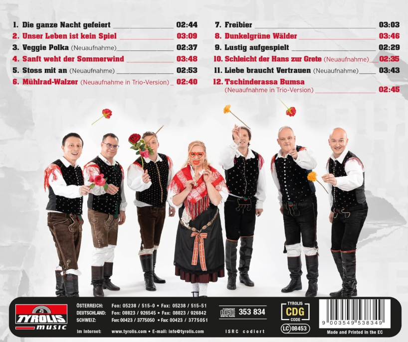 Eine Gruppe von sieben Personen in österreichischer Tracht, die Blumen halten, stehen vor weißem Hintergrund. Albumtitel und Titelliste sind sichtbar.