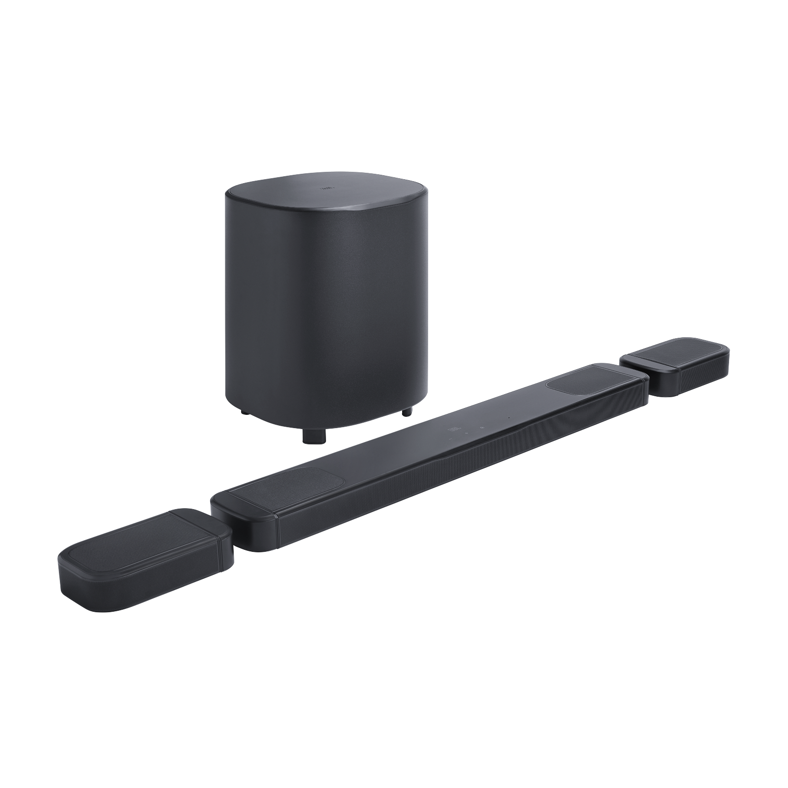 Beyaz zemin üzerinde, subwoofer ve iki küçük hoparlörlü siyah bir soundbar.