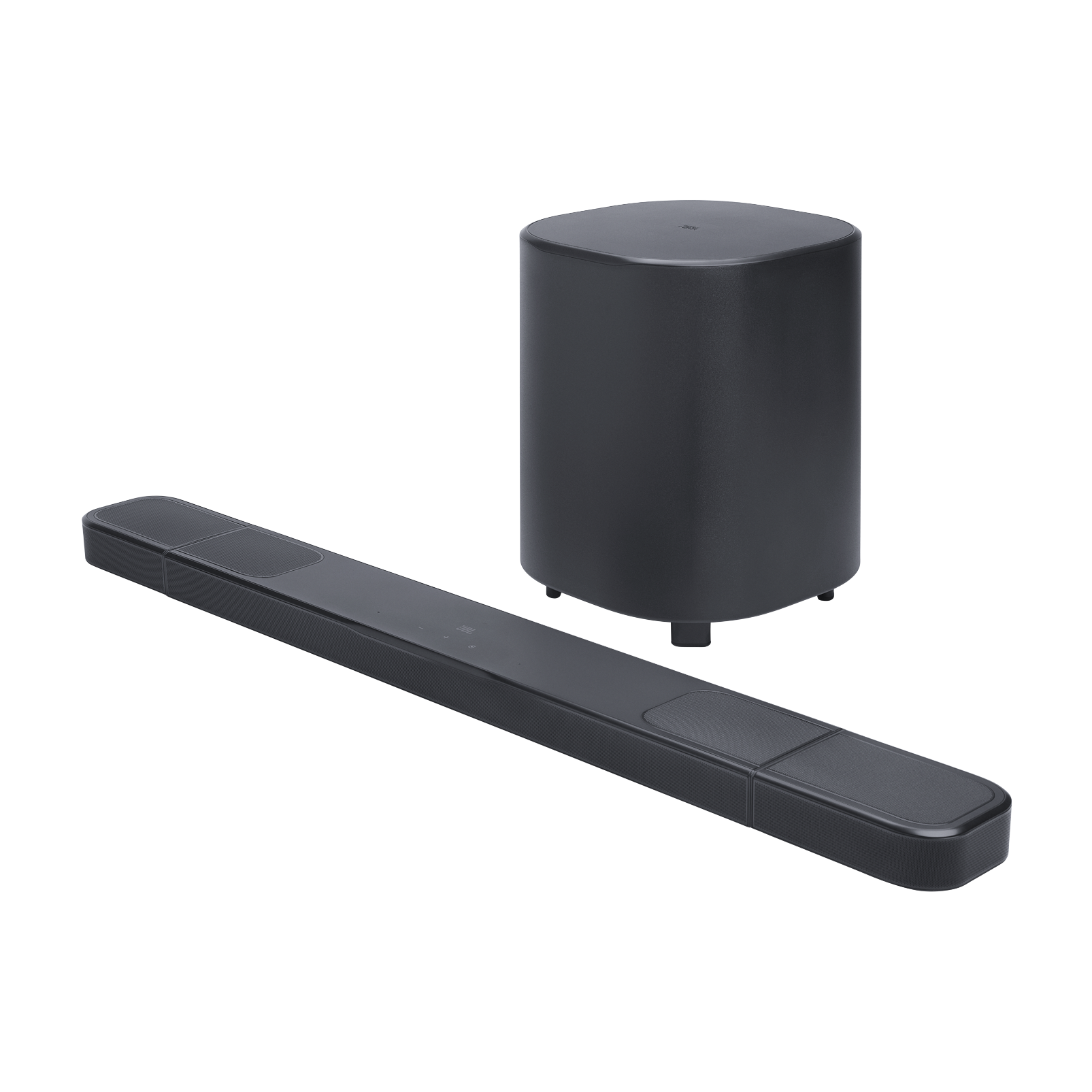 Beyaz zemin üzerinde siyah bir soundbar ve subwoofer. Soundbar uzun, subwoofer silindirik.