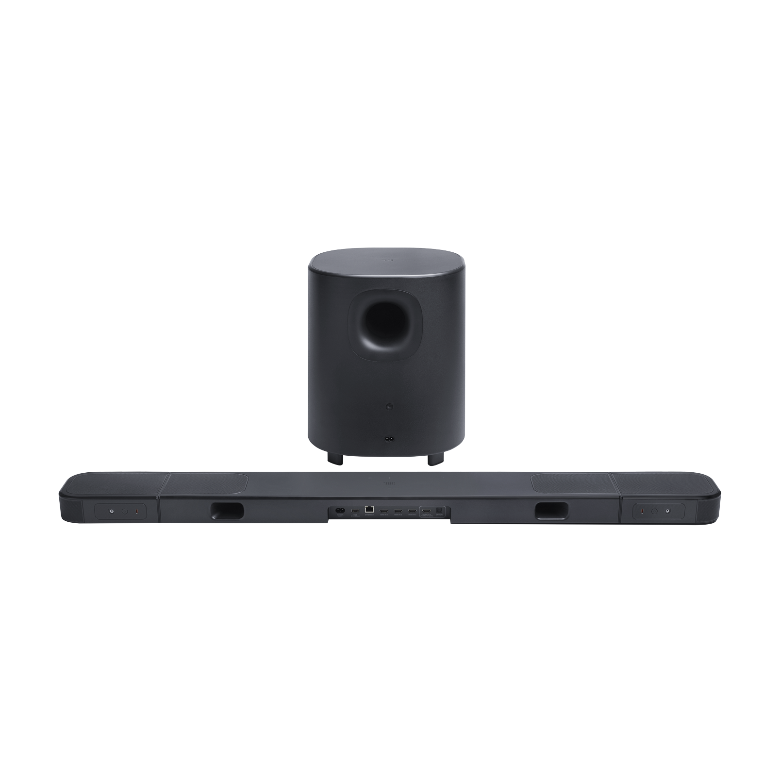 Siyah bir soundbar ve eşleşen bir subwoofer. Her ikisi de beyaz bir arka planın önünde. Soundbar yataydır.