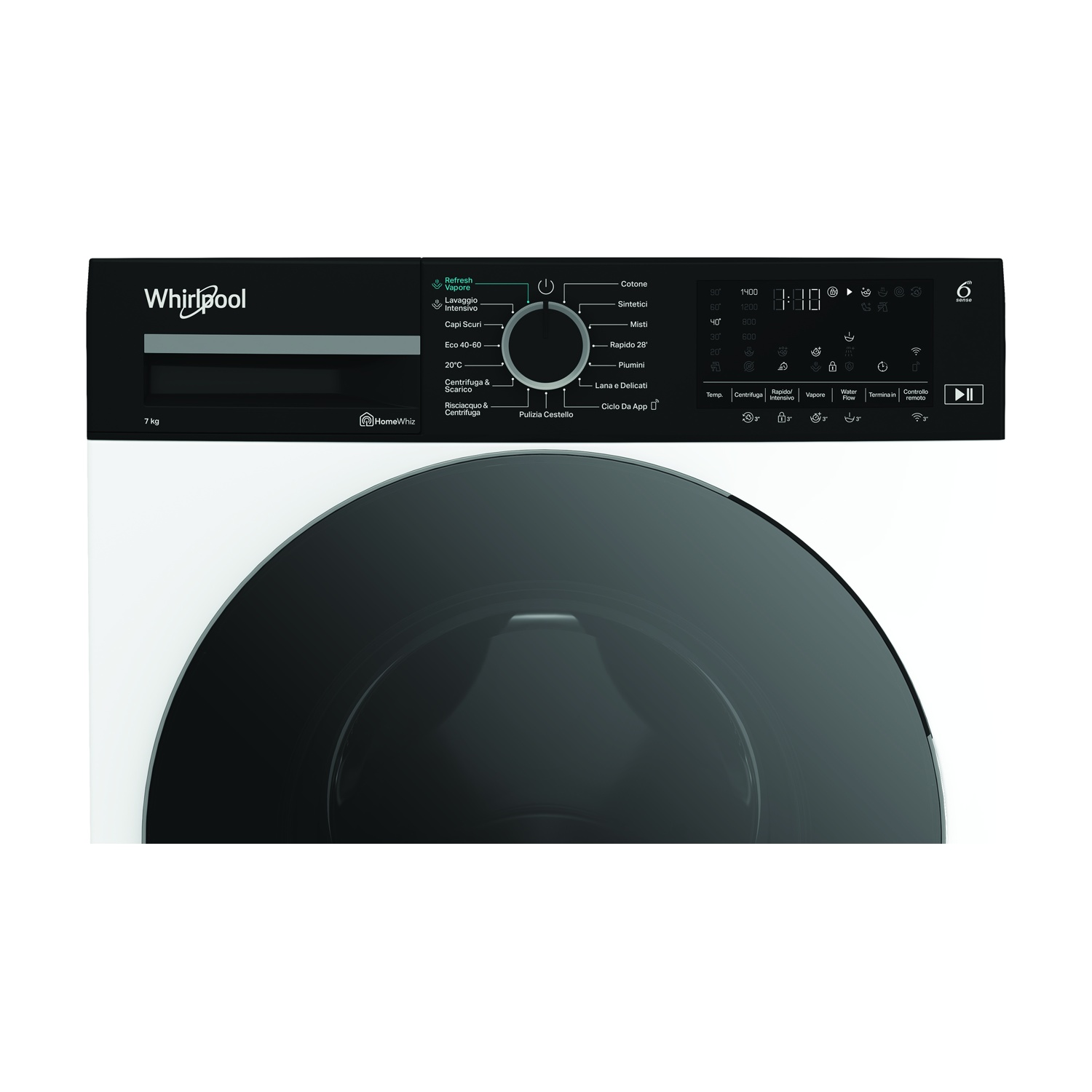 Pannello di controllo della lavatrice Whirlpool. Include manopola di selezione programmi, impostazioni temperatura e varie opzioni di lavaggio.