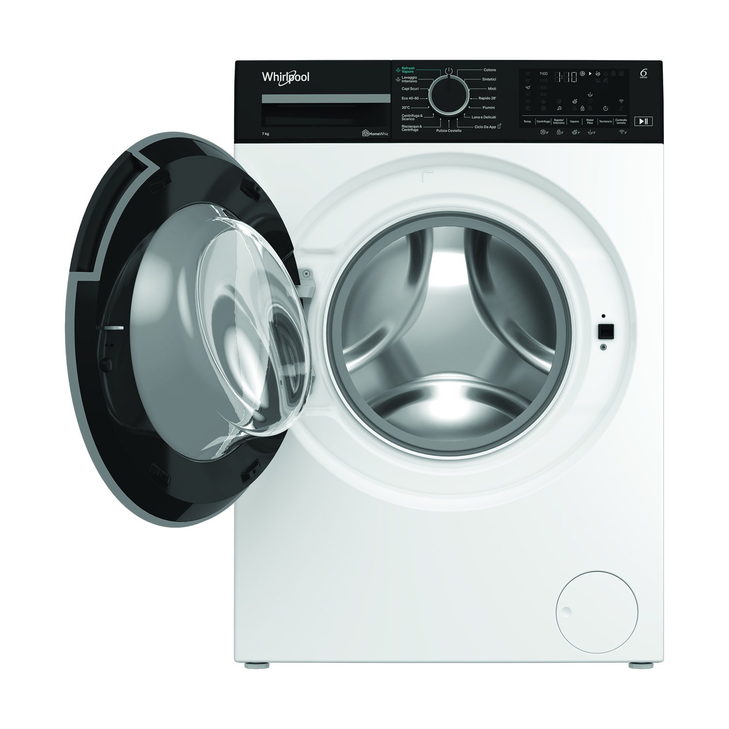 Lavatrice Whirlpool bianca con porta aperta. Il pannello di controllo è nero, mostra vari cicli di lavaggio e impostazioni.