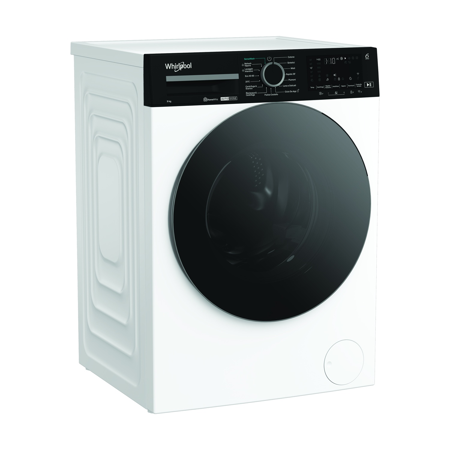 Lavatrice Whirlpool bianca con porta nera. Pannello comandi superiore con pulsanti e display.