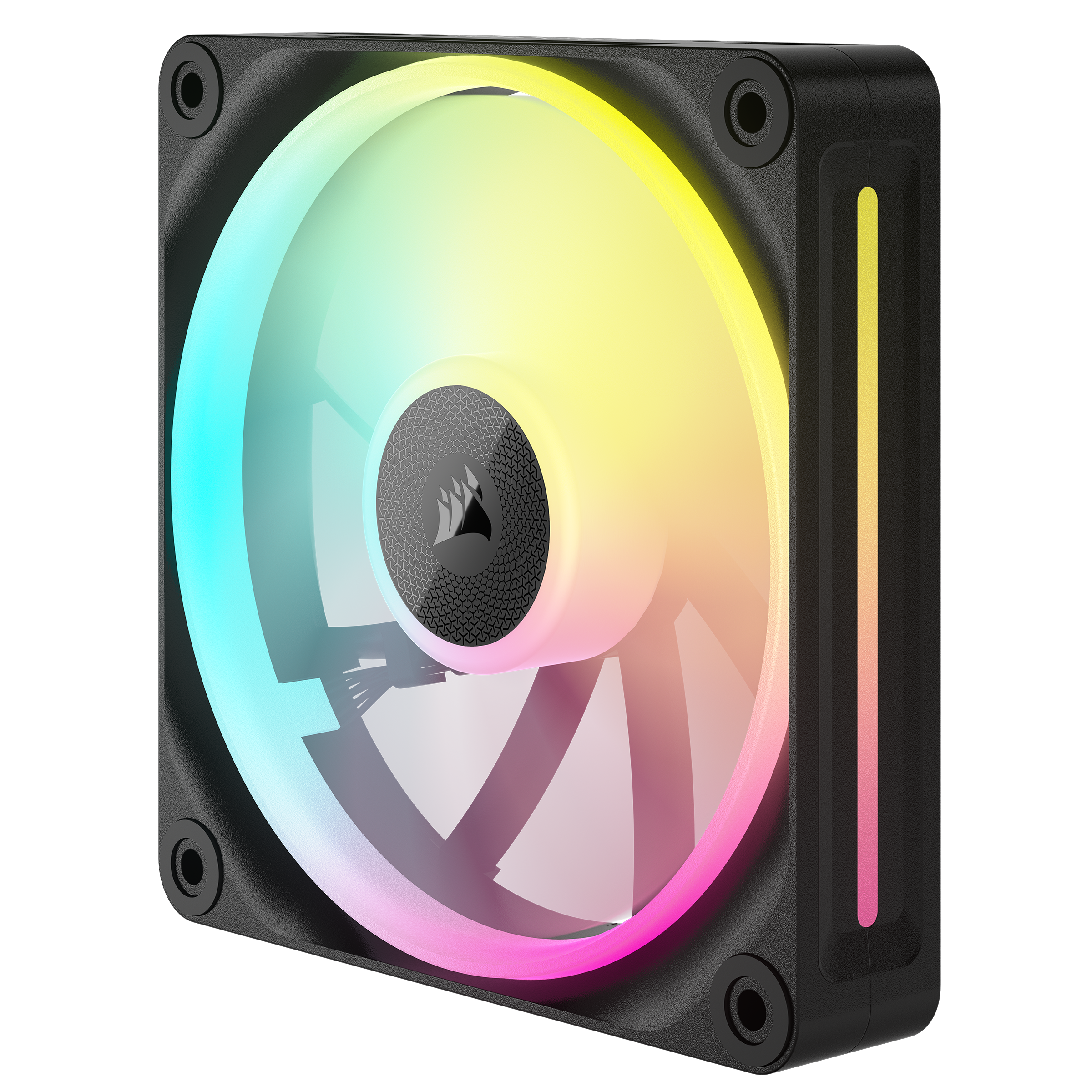 Ein schwarzer Computerlüfter mit einem bunten Lichtring, der blaue, gelbe, rosa und lila Farbtöne zeigt.