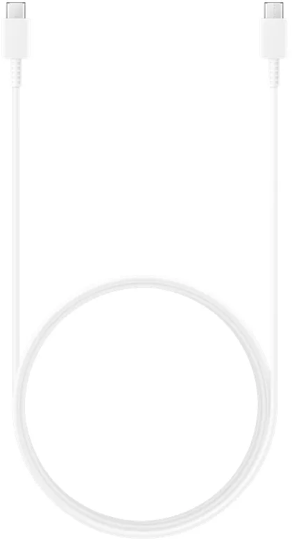 Un cavo USB-C bianco su sfondo bianco. Il cavo è ad anello, con connettori a ciascuna estremità.