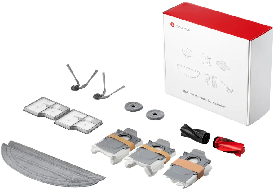 Roborock Roboterstaubsauger-Zubehör: Filter, Bürsten, Mopp-Pad, Staubbeutel und eine Box mit rotem Deckel.