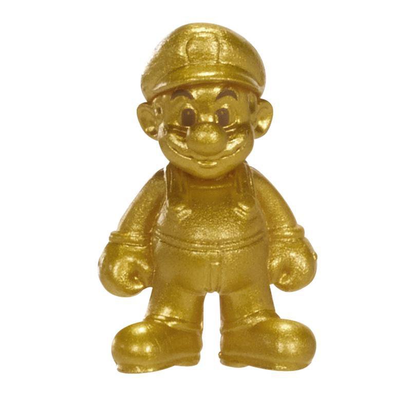 Eine goldene Mario-Figur steht im Zentrum. Sie trägt eine Kappe, Handschuhe, Latzhose und Stiefel. Der Hintergrund ist weiß.