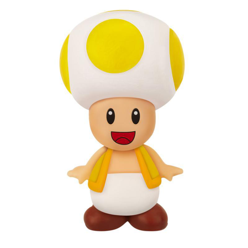 Toad-Figur mit großem weiß-gelben Pilzhut. Er hat einen hellbraunen Körper, einen roten Mund und braune Schuhe, trägt eine gelbe Weste und eine weiße Windel.