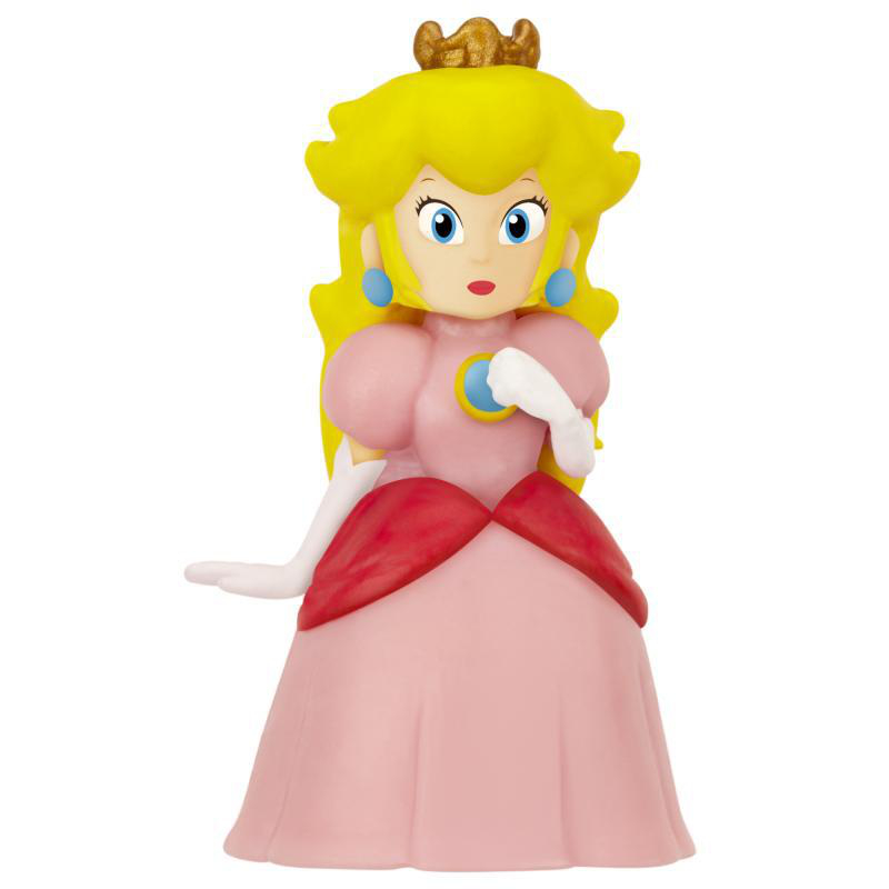 Prinzessin Peach Figur. Gelbes Haar, goldene Krone, blaue Augen, rosa Kleid, rote Akzente und weiße Handschuhe. Eine Sammlerfigur.