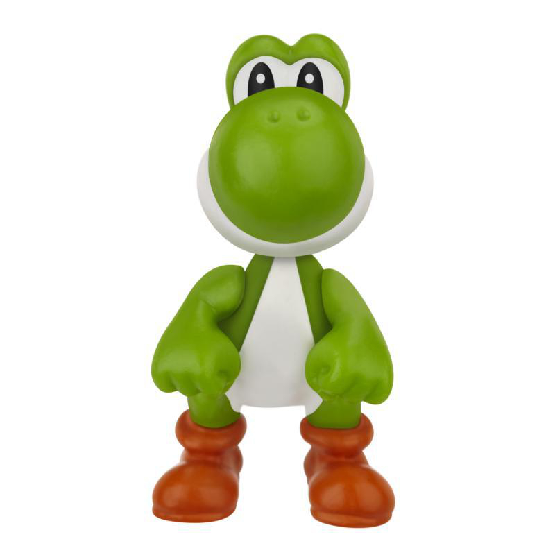 Eine grüne Yoshi-Figur mit weißem Bauch, roten Stiefeln und schwarzen Augen vor weißem Hintergrund.