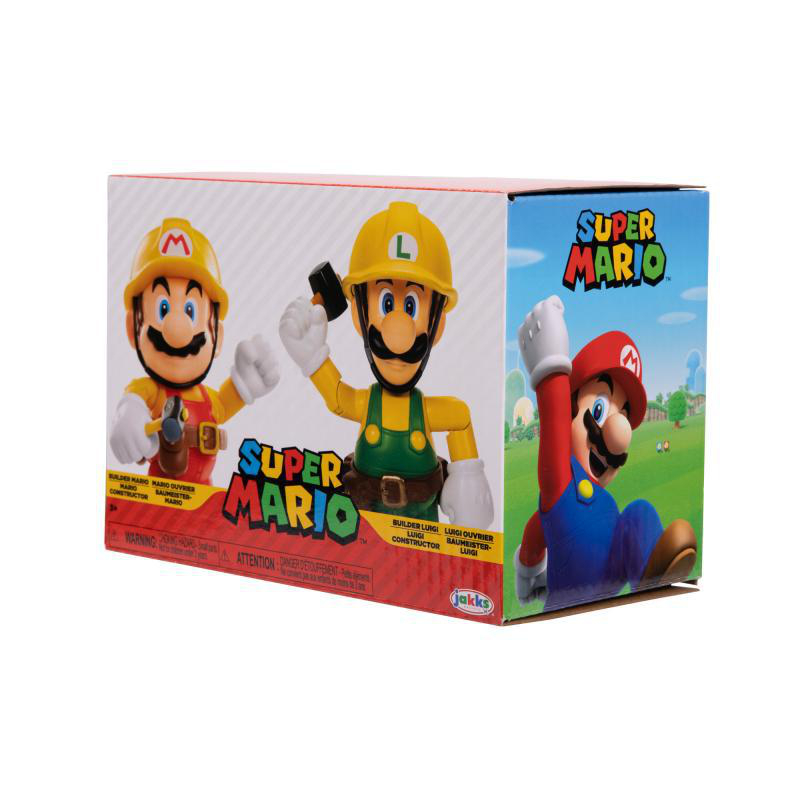 Eine Super Mario-Box mit Mario- und Luigi-Figuren in Bauarbeiter-Outfits. Mario winkt, Luigi hält einen Hammer.
