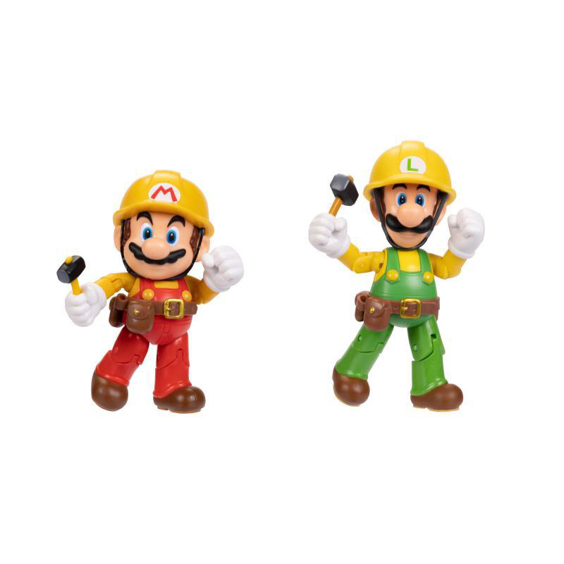 Zwei Mario-Figuren. Einer trägt Rot, der andere Grün. Beide haben gelbe Hüte und Werkzeuge. Sie sind in einer spielerischen Pose.